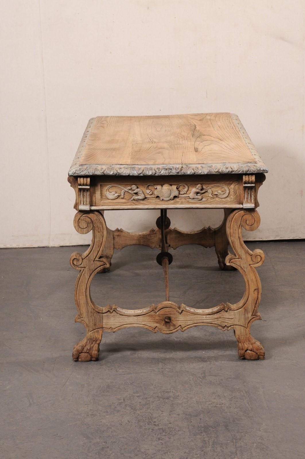 Antique Spanish Trestle-Leg & Iron Stretcher Desk, Elaborately Carved For Sale 1