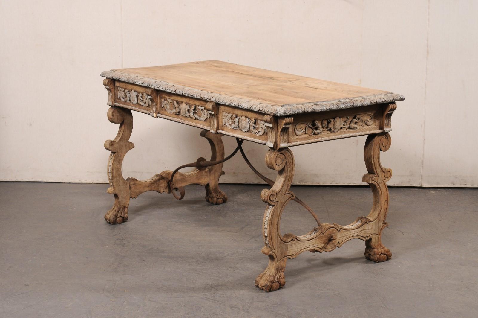Antique Spanish Trestle-Leg & Iron Stretcher Desk, Elaborately Carved 2