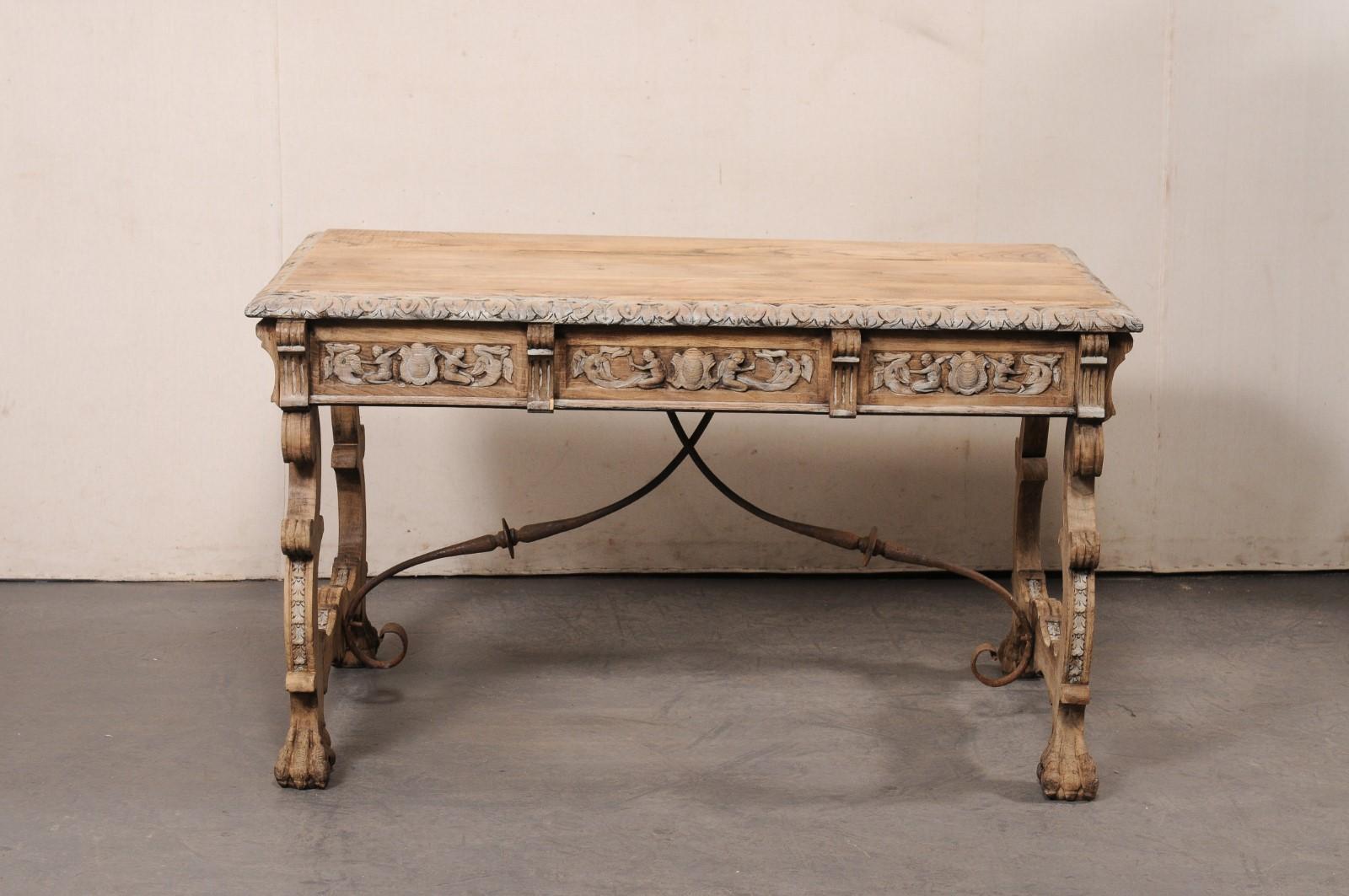 Antique Spanish Trestle-Leg & Iron Stretcher Desk, Elaborately Carved 3