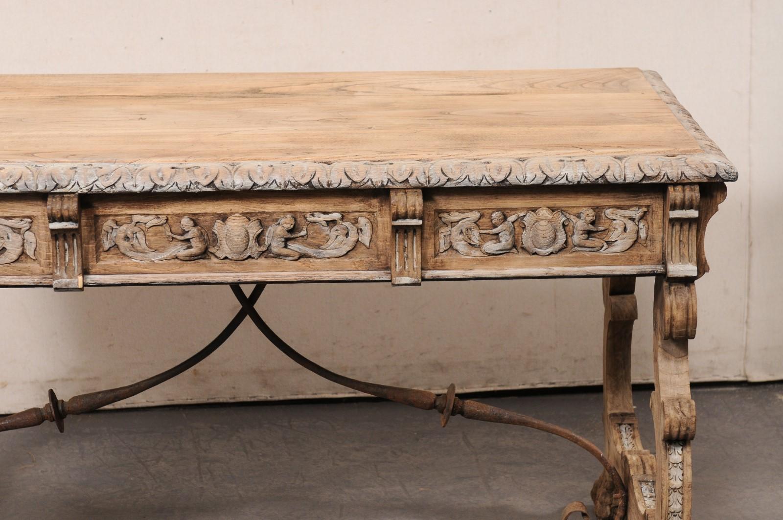 Antique Spanish Trestle-Leg & Iron Stretcher Desk, Elaborately Carved 4