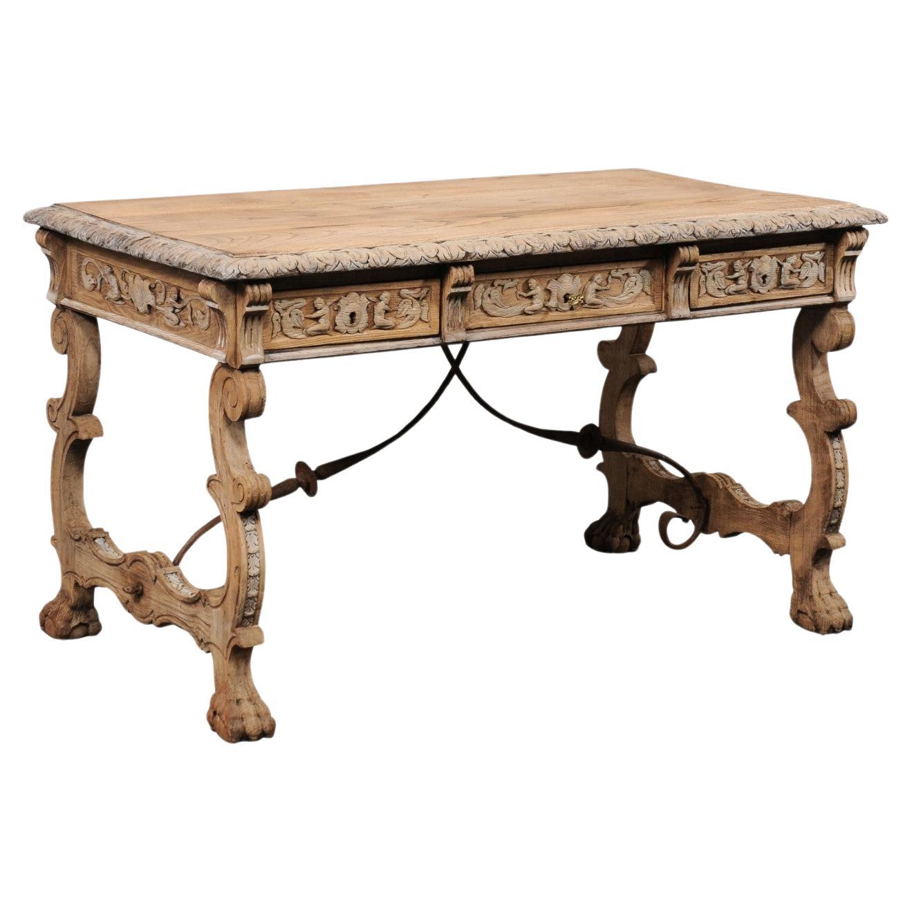 Antique Spanish Trestle-Leg & Iron Stretcher Desk, Elaborately Carved