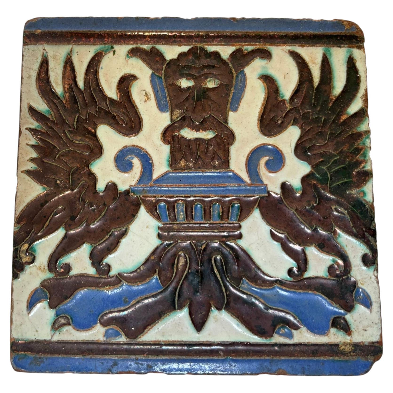 Antique Spanish Triana Tile, Seville Spain Mudejar Grotesque Motif