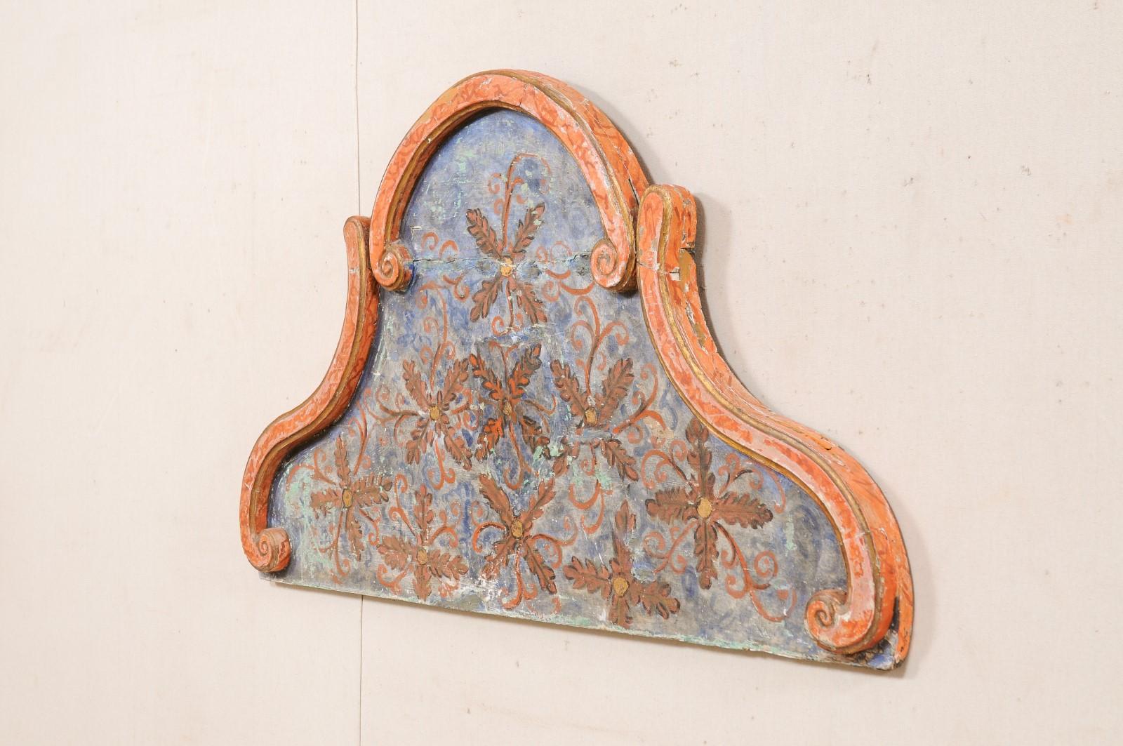 Hand-Painted Antique Spanish Wall Pediment 'or Headboard' w/Original Floral-Painted Finish For Sale