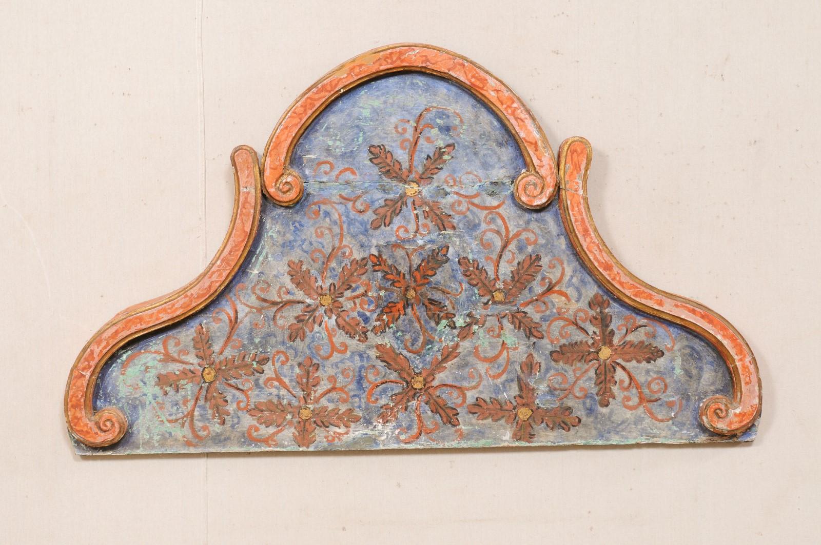 Wood Antique Spanish Wall Pediment 'or Headboard' w/Original Floral-Painted Finish For Sale