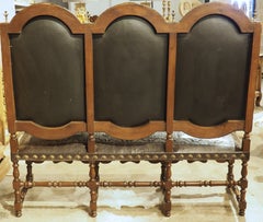 Antique Spanish Walnut and Embossed Leather Bench with Rams’ Heads, 19th Century