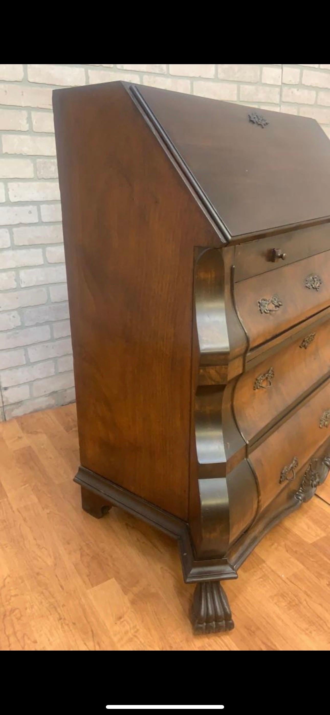 Antique Spanish Walnut Burl and Rosewood Claw Foot Drop Front Secretary Desk  In Good Condition For Sale In Chicago, IL