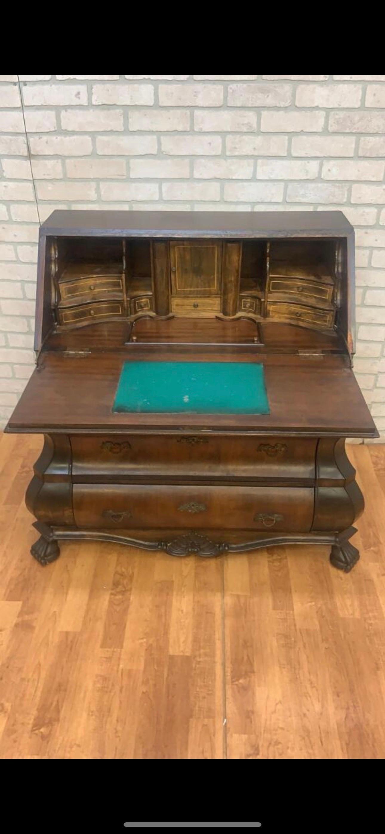 Early 20th Century Antique Spanish Walnut Burl and Rosewood Claw Foot Drop Front Secretary Desk  For Sale