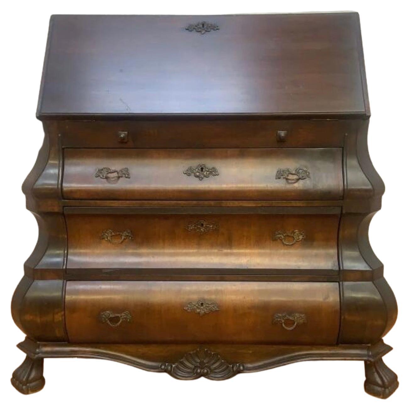 Antique Spanish Walnut Burl and Rosewood Claw Foot Drop Front Secretary Desk 