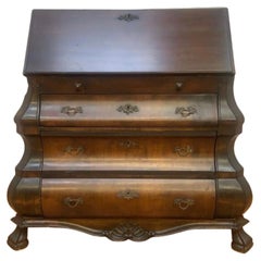 Antique Spanish Walnut Burl and Rosewood Claw Foot Drop Front Secretary Desk 