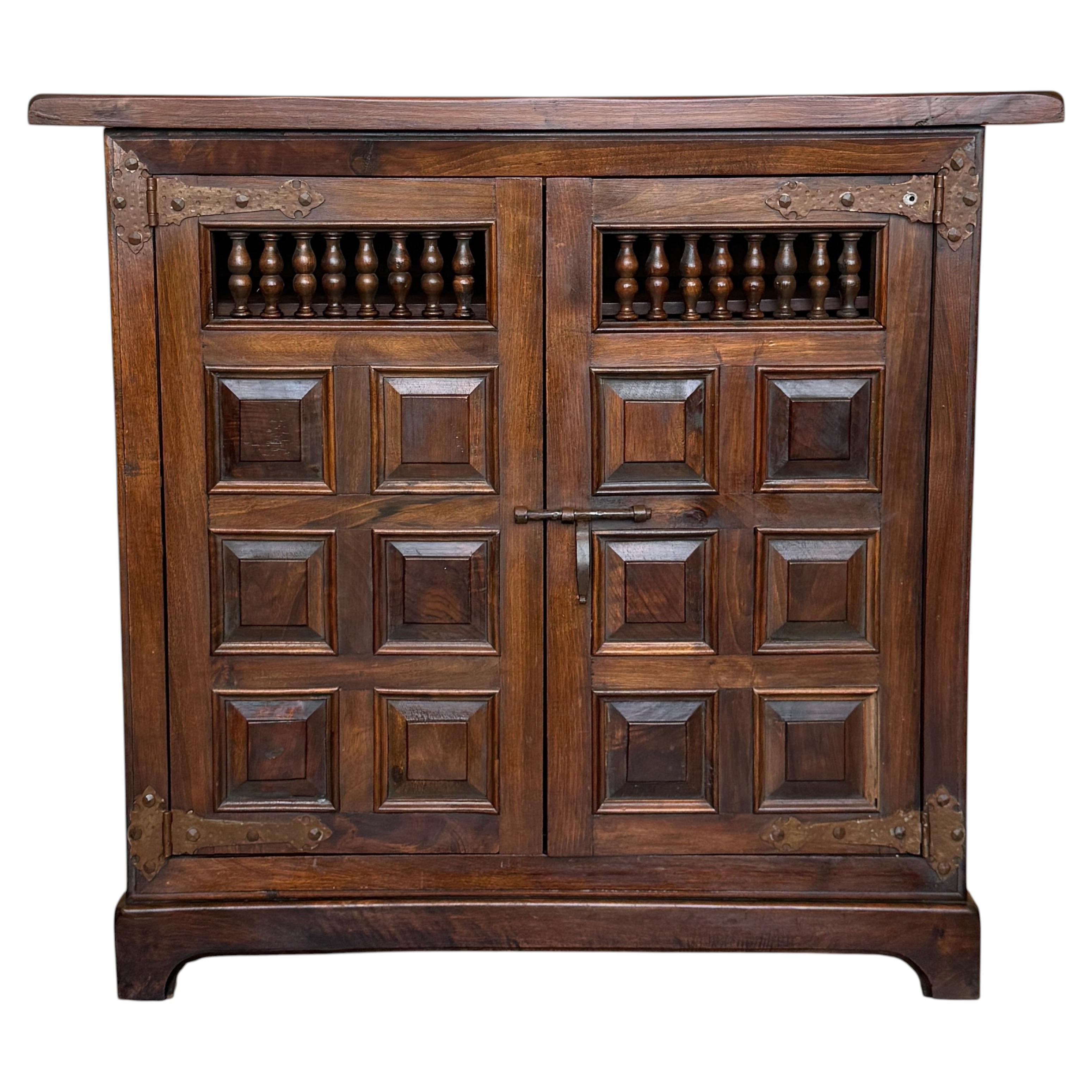 Antique Spanish Walnut Cabinet with Hand-Carved Paneled Door
