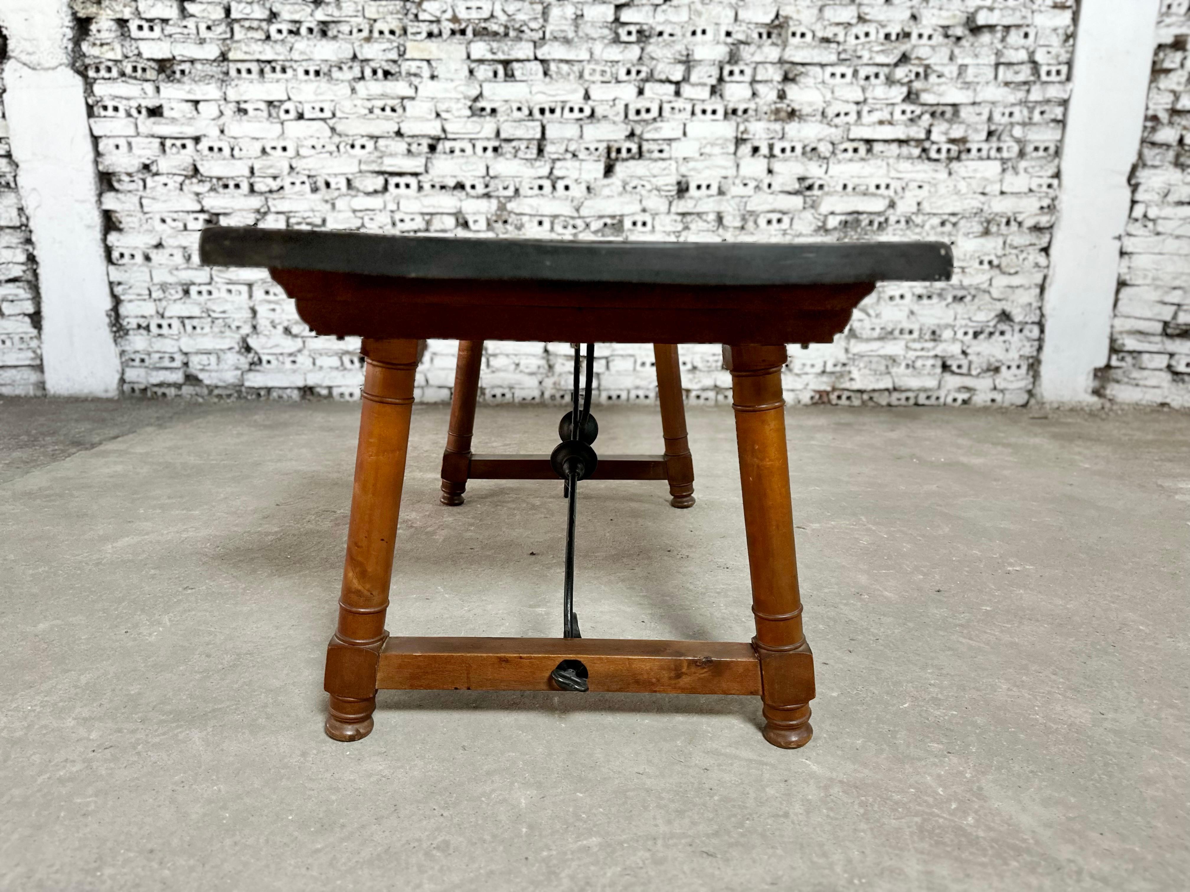 Antique Spanish Walnut Trestle Dining Breakfast Table or Desk With Iron Stretche In Good Condition For Sale In Bridgeport, CT