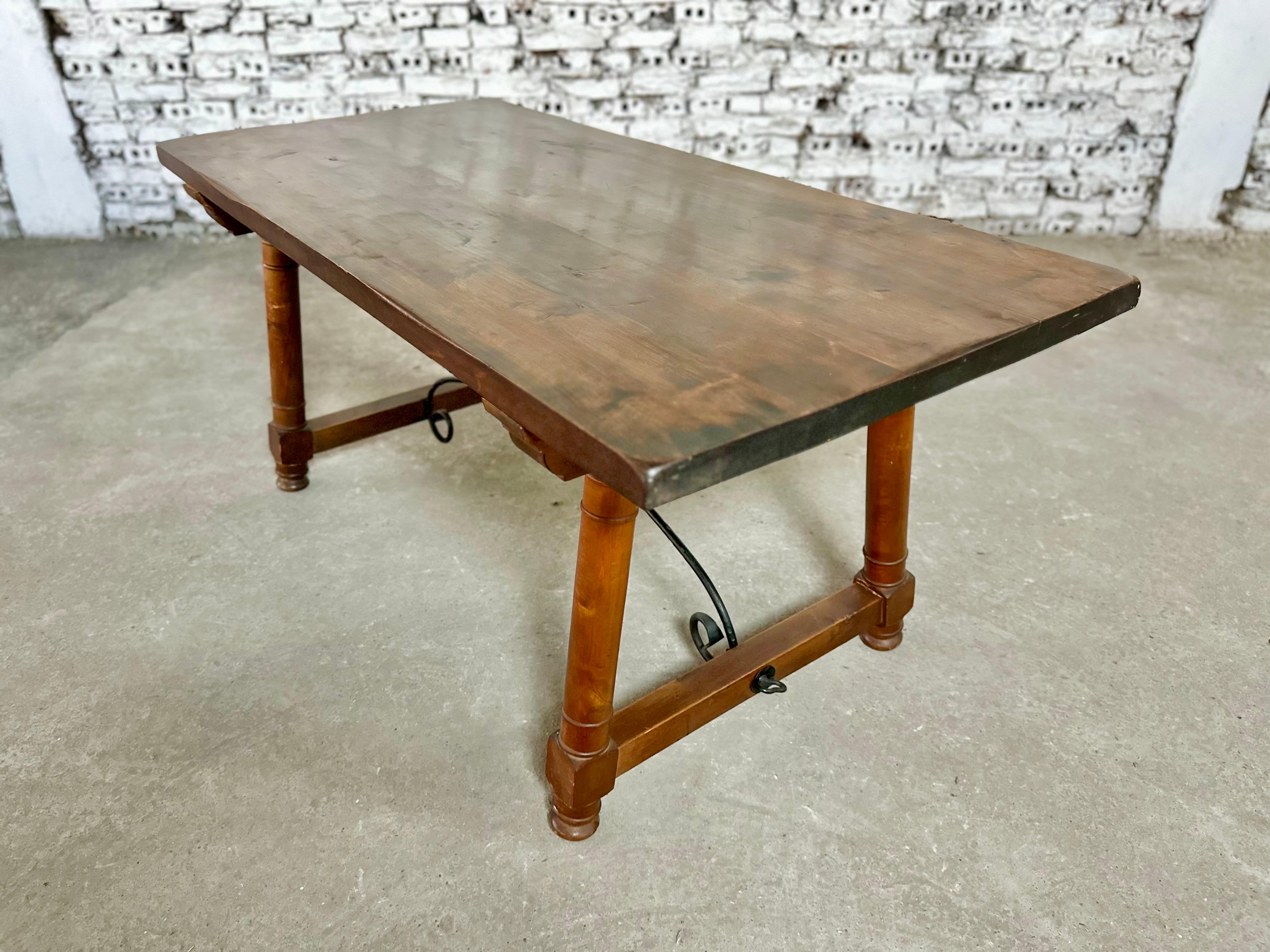 19th Century Antique Spanish Walnut Trestle Dining Breakfast Table or Desk With Iron Stretche For Sale