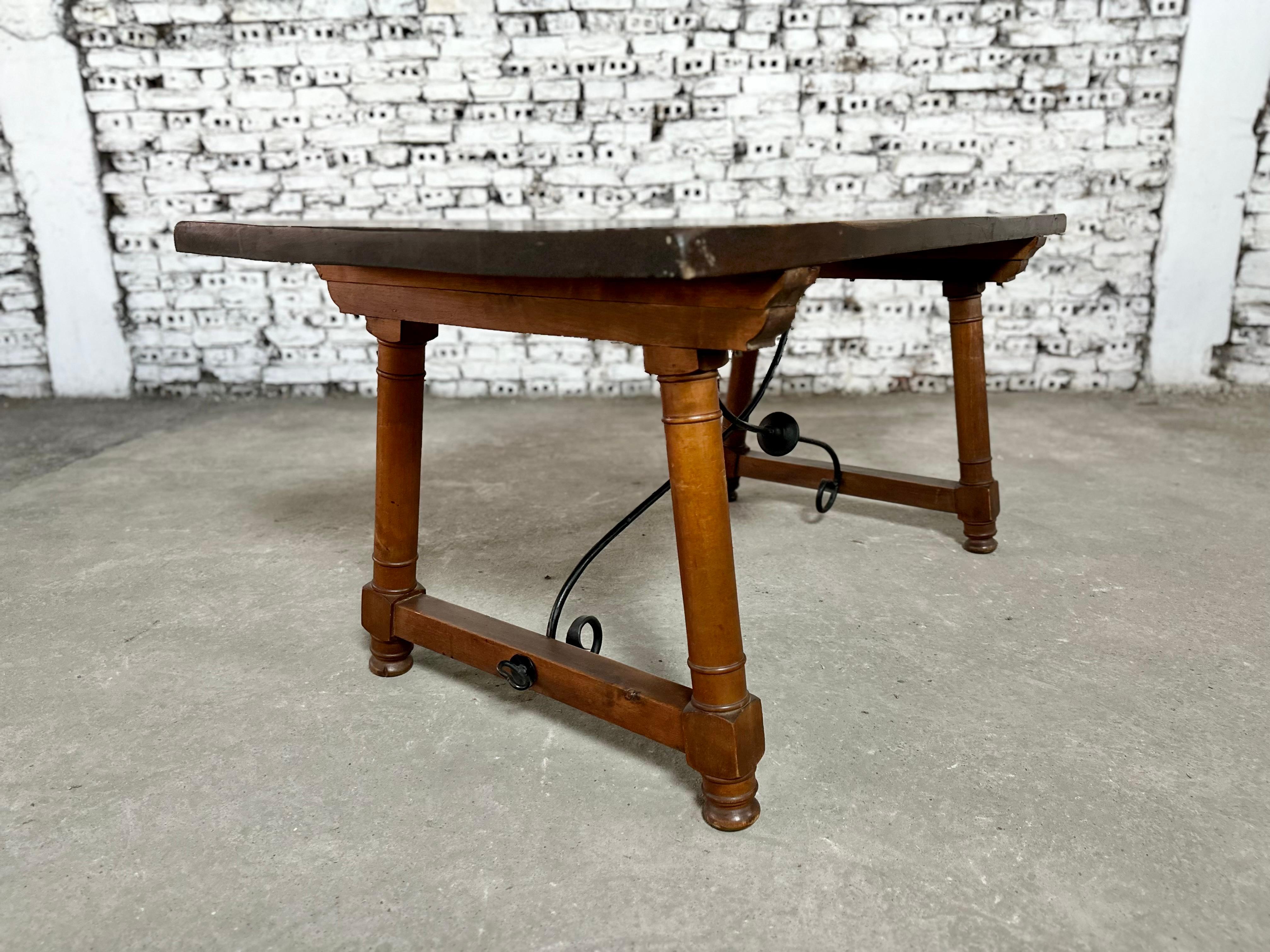 Antique Spanish Walnut Trestle Dining Breakfast Table or Desk With Iron Stretche For Sale 3
