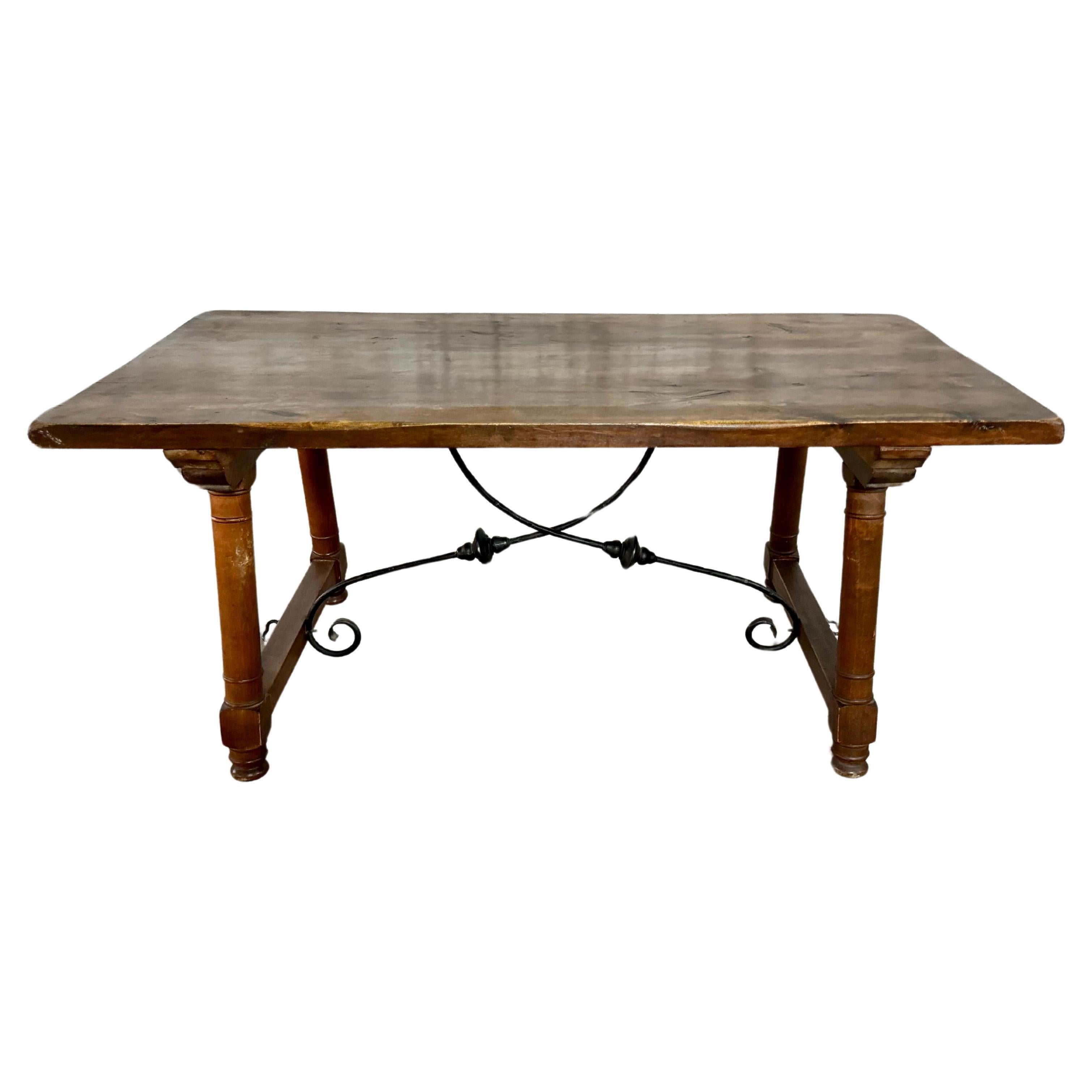 Antique Spanish Walnut Trestle Dining Breakfast Table or Desk With Iron Stretche For Sale