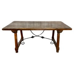 Antique Spanish Walnut Trestle Dining Breakfast Table or Desk With Iron Stretche