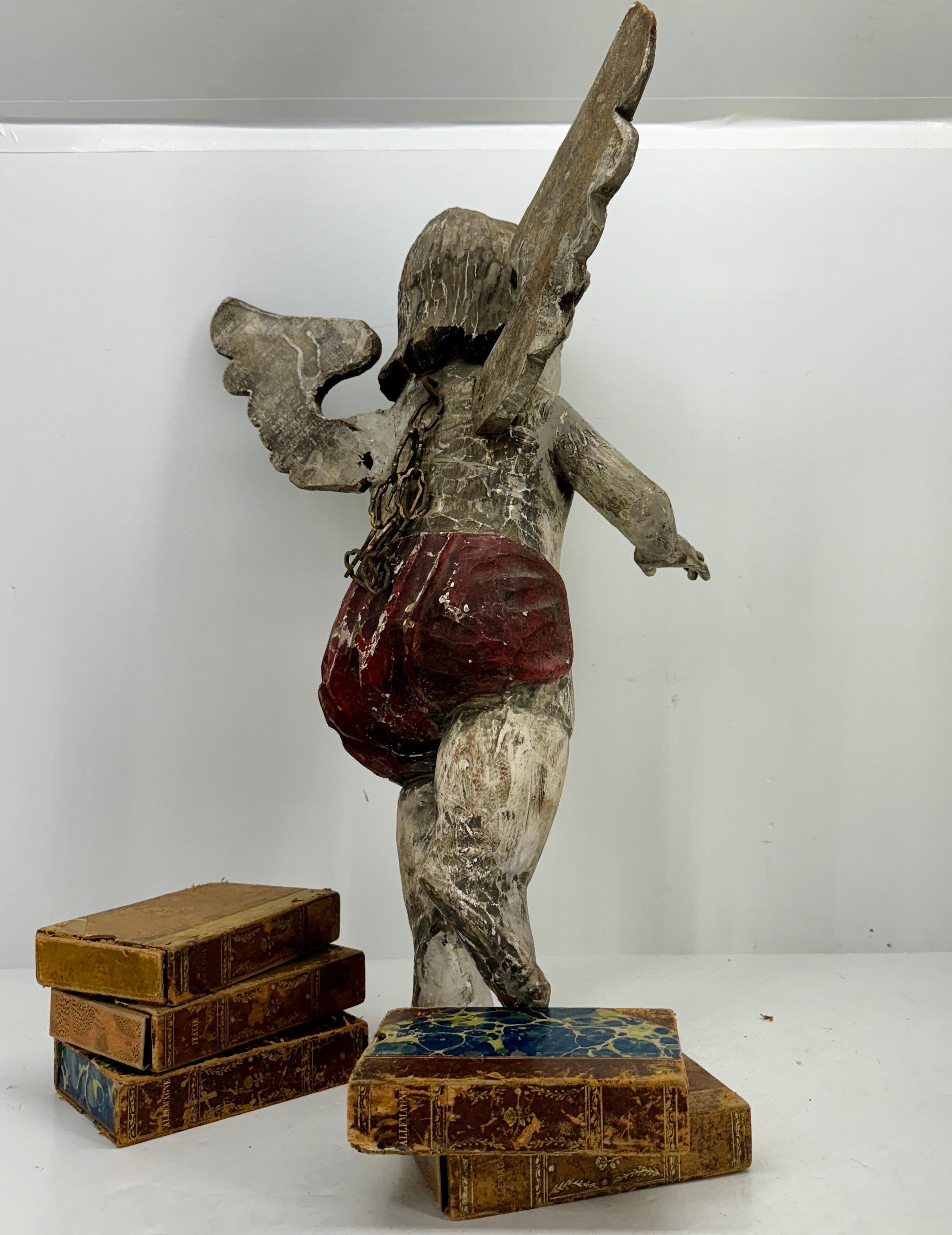 Antique Spanish Wooden Angel Putti Sculpture with Wings 1