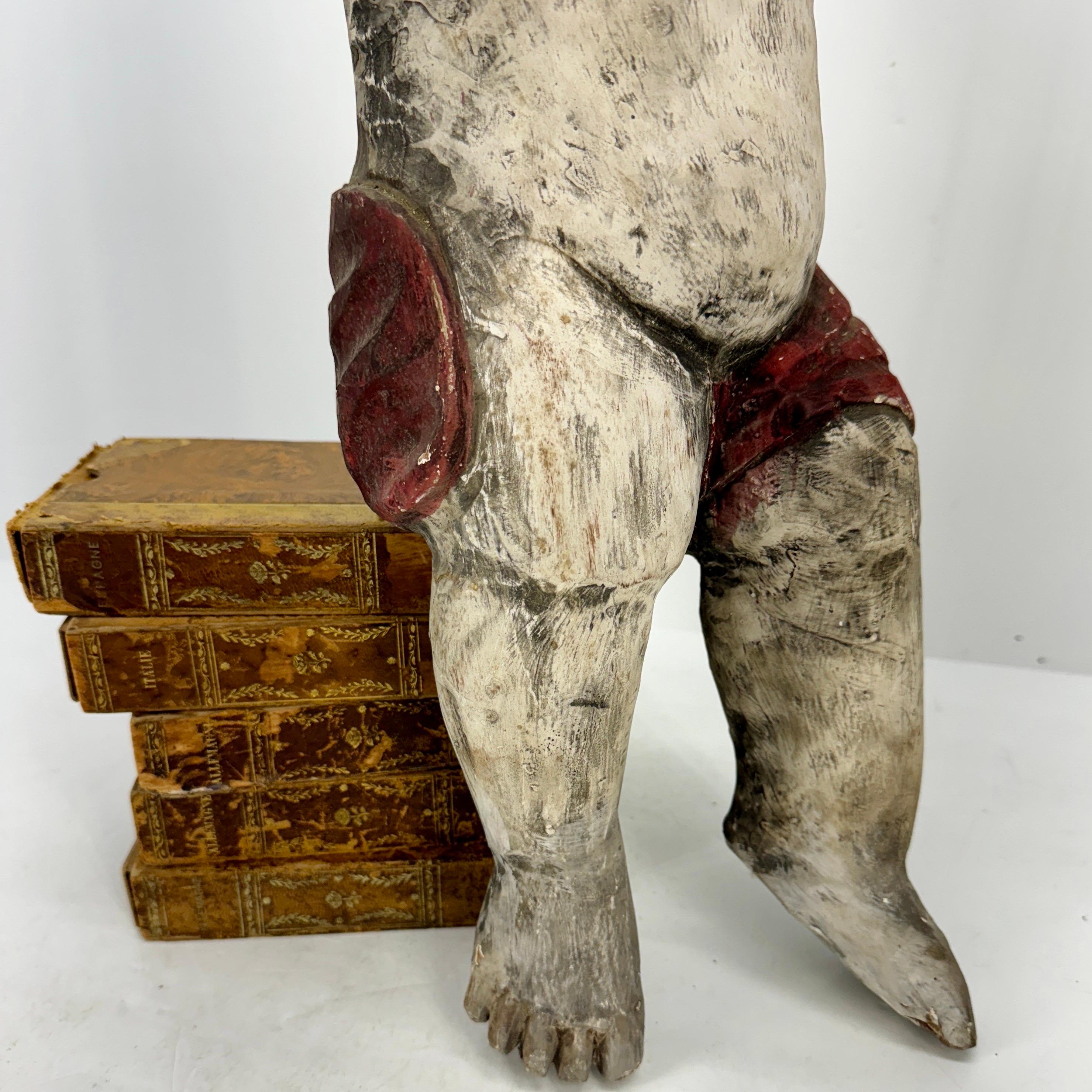 Antique Spanish Wooden Angel Putti Sculpture with Wings 2