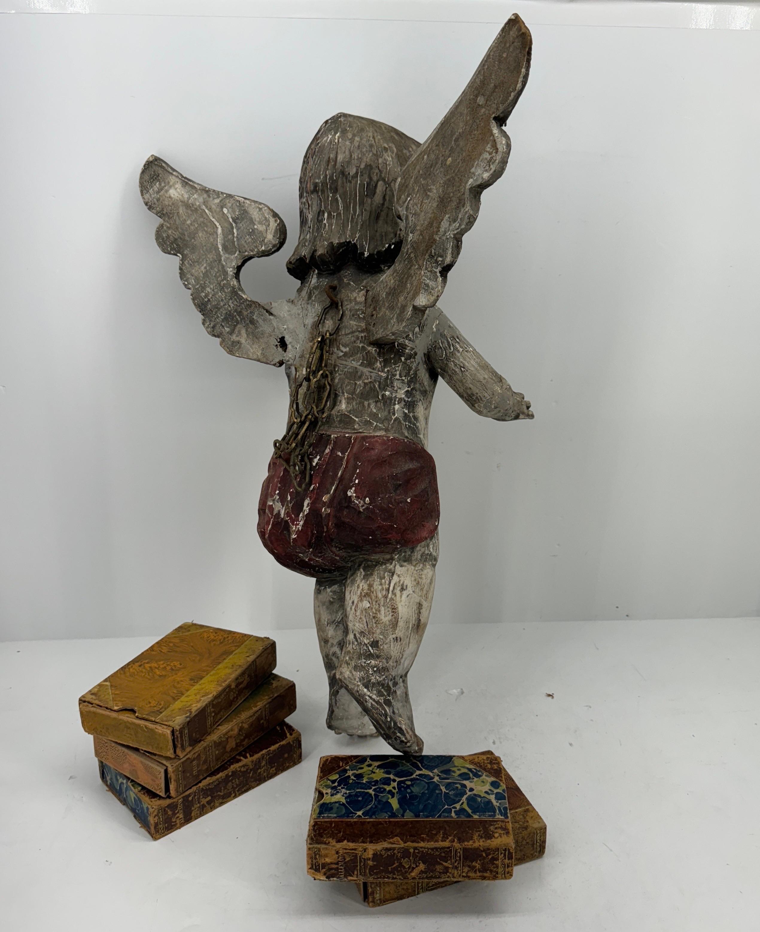 Antique Spanish Wooden Angel Putti Sculpture with Wings For Sale 3