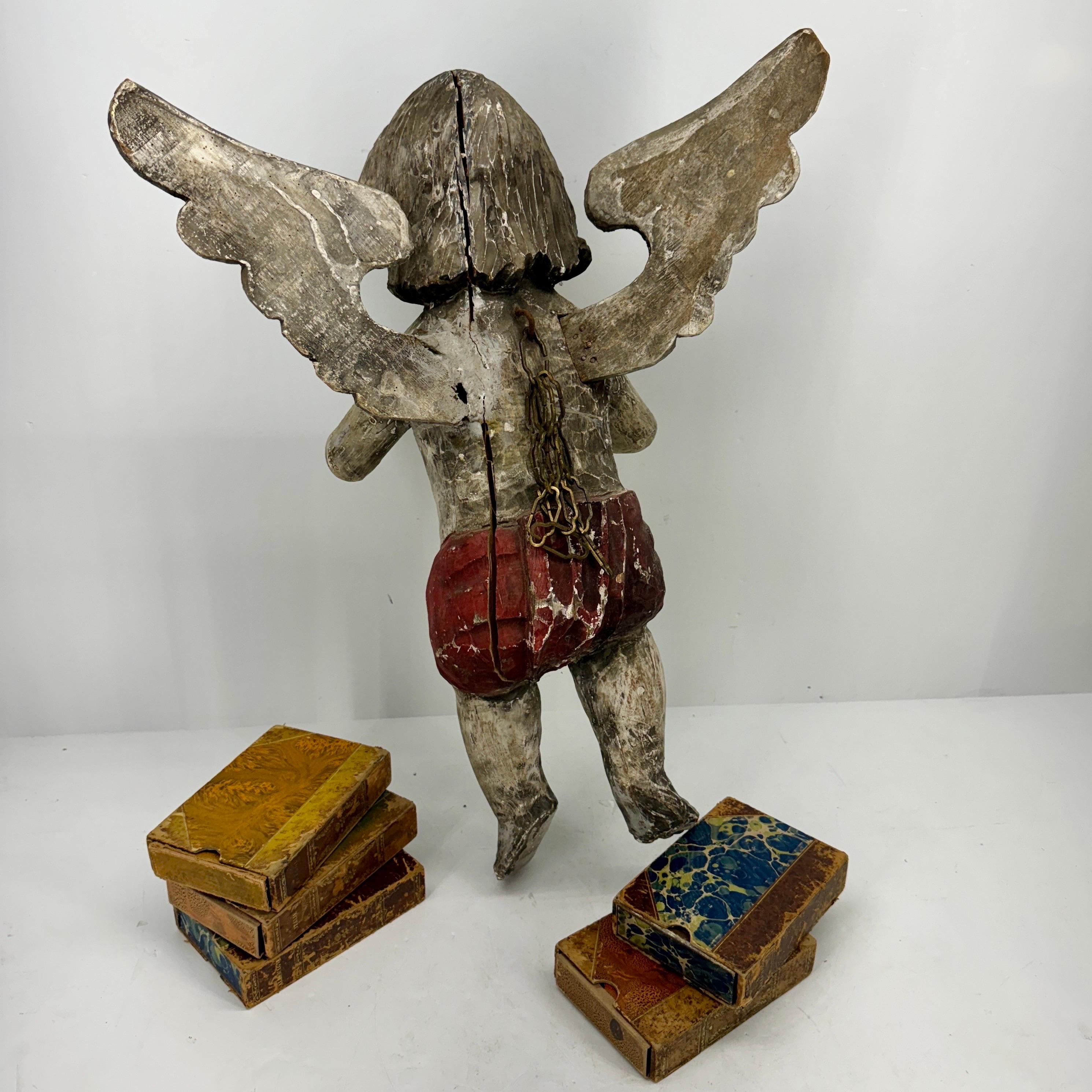 Antique Spanish Wooden Angel Putti Sculpture with Wings For Sale 5
