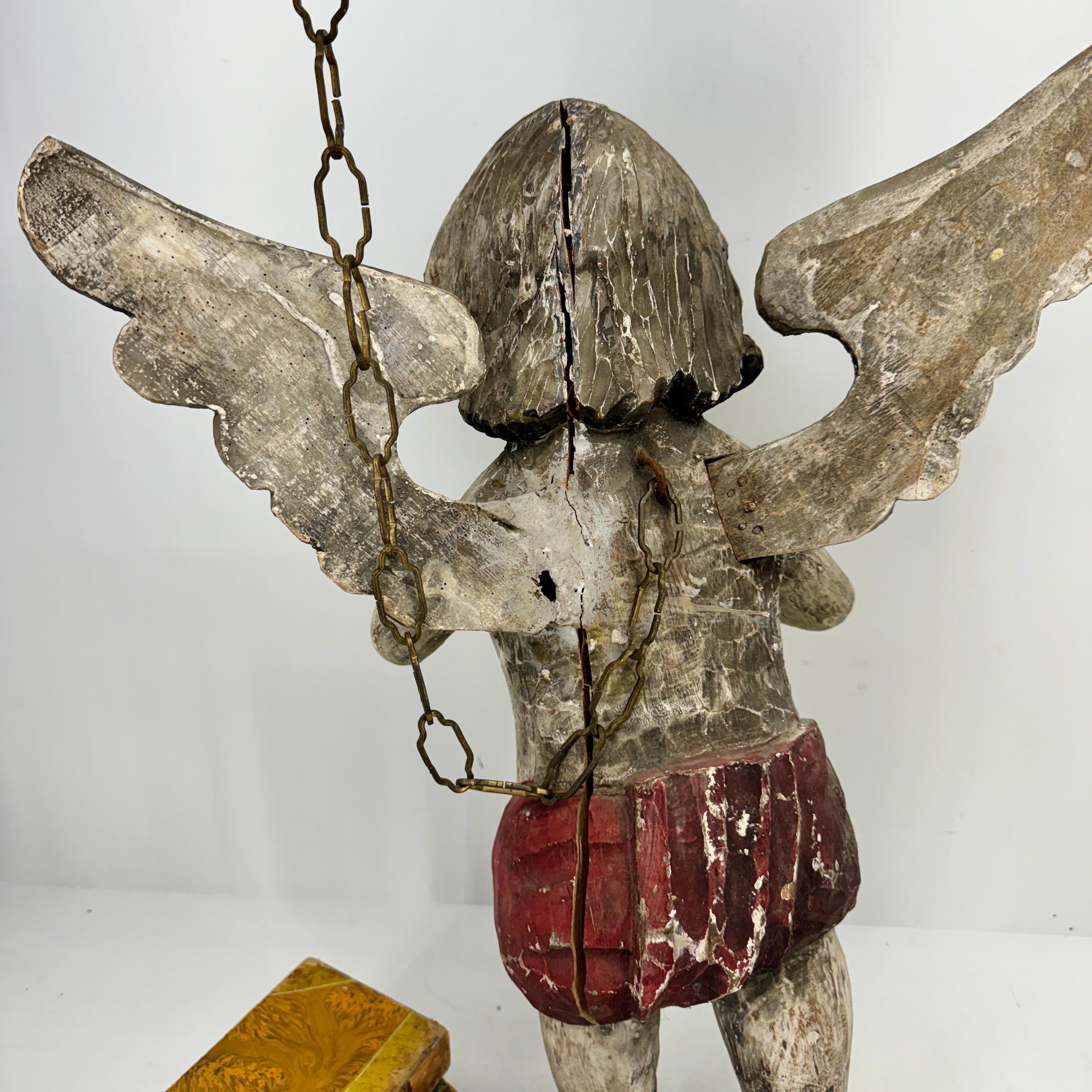 Antique Spanish Wooden Angel Putti Sculpture with Wings 6