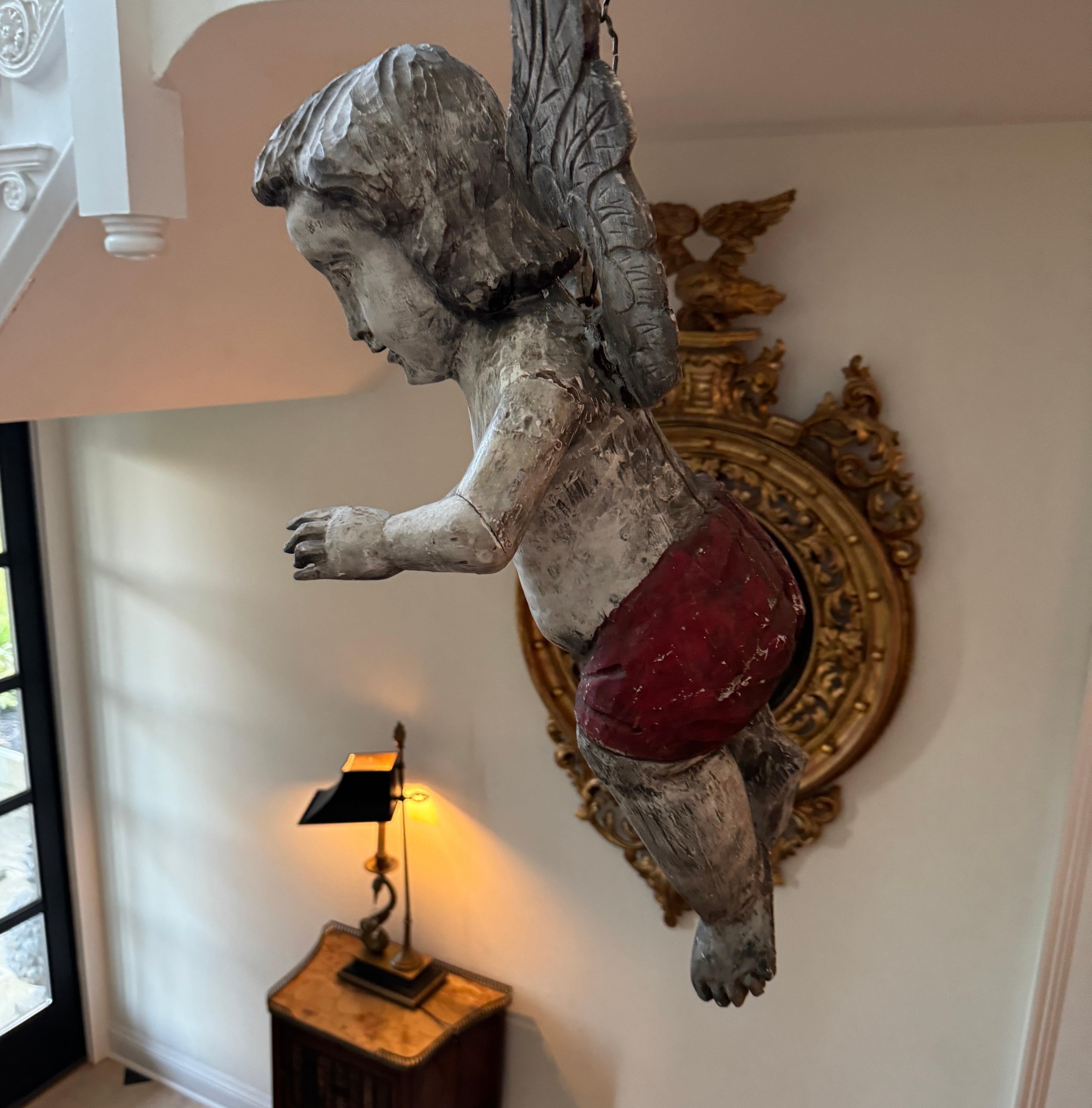 Antique Spanish Wooden Angel Putti Sculpture with Wings 9