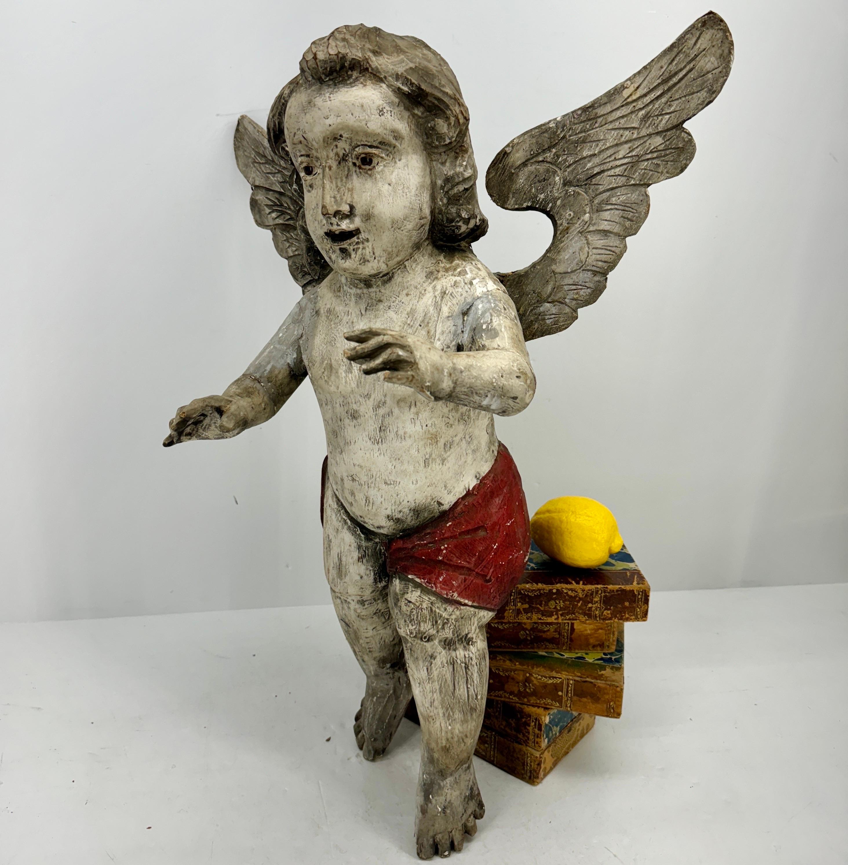 Antique Spanish Wooden Angel Putti Sculpture with Wings For Sale 10