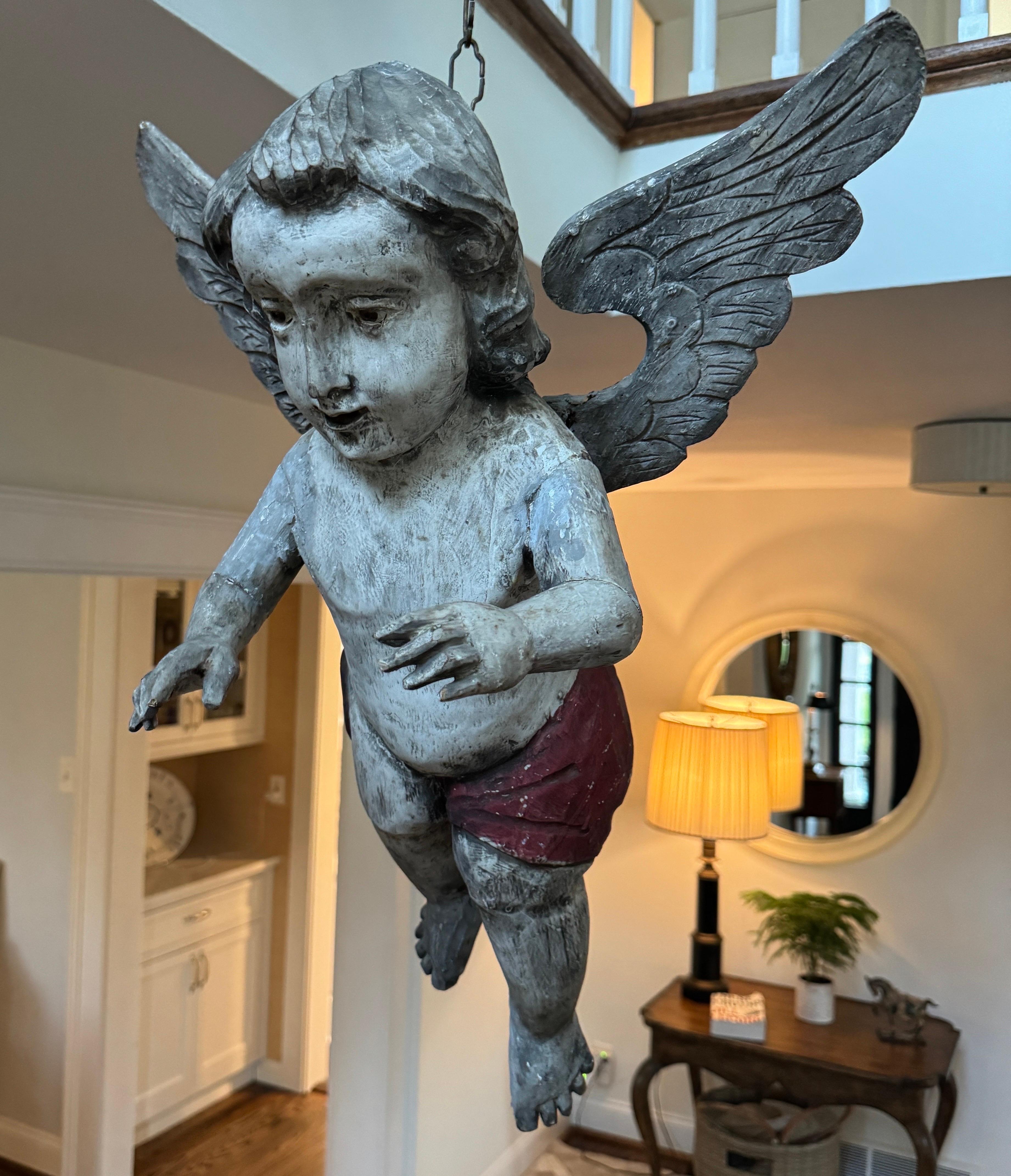 Antique Spanish Wooden Angel Putti Sculpture with Wings For Sale 11