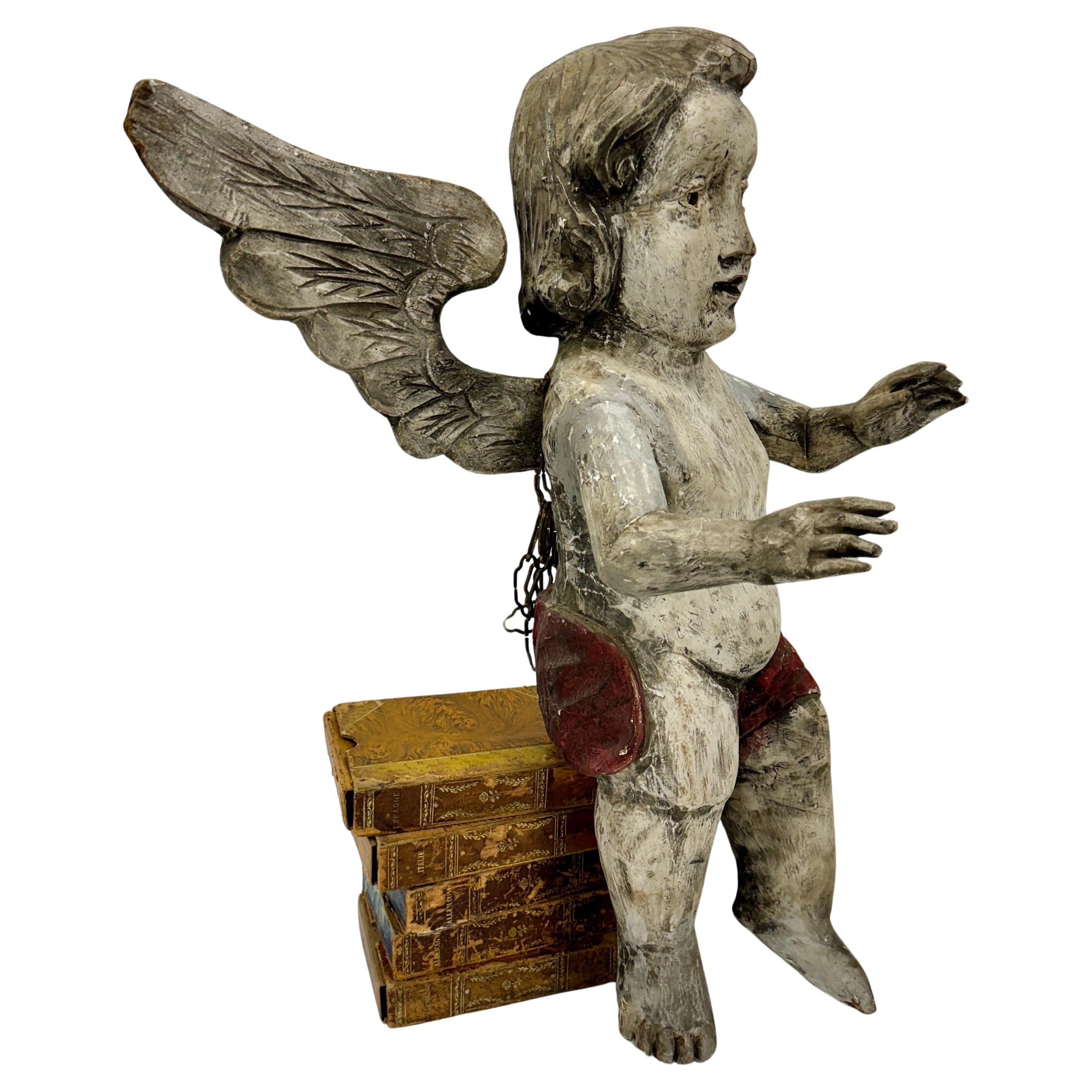 Baroque Antique Spanish Wooden Angel Putti Sculpture with Wings For Sale
