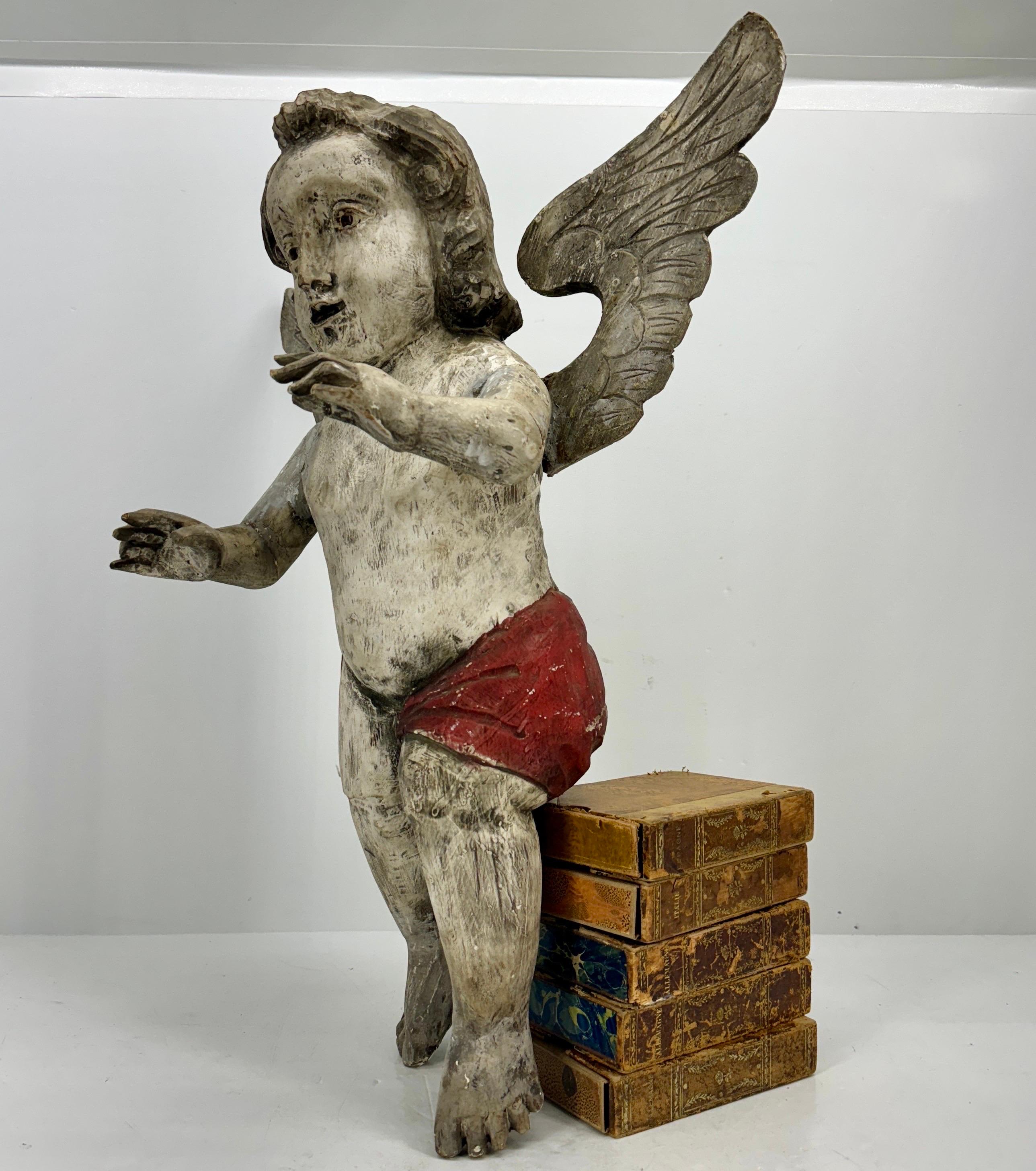 Hand-Carved Antique Spanish Wooden Angel Putti Sculpture with Wings For Sale