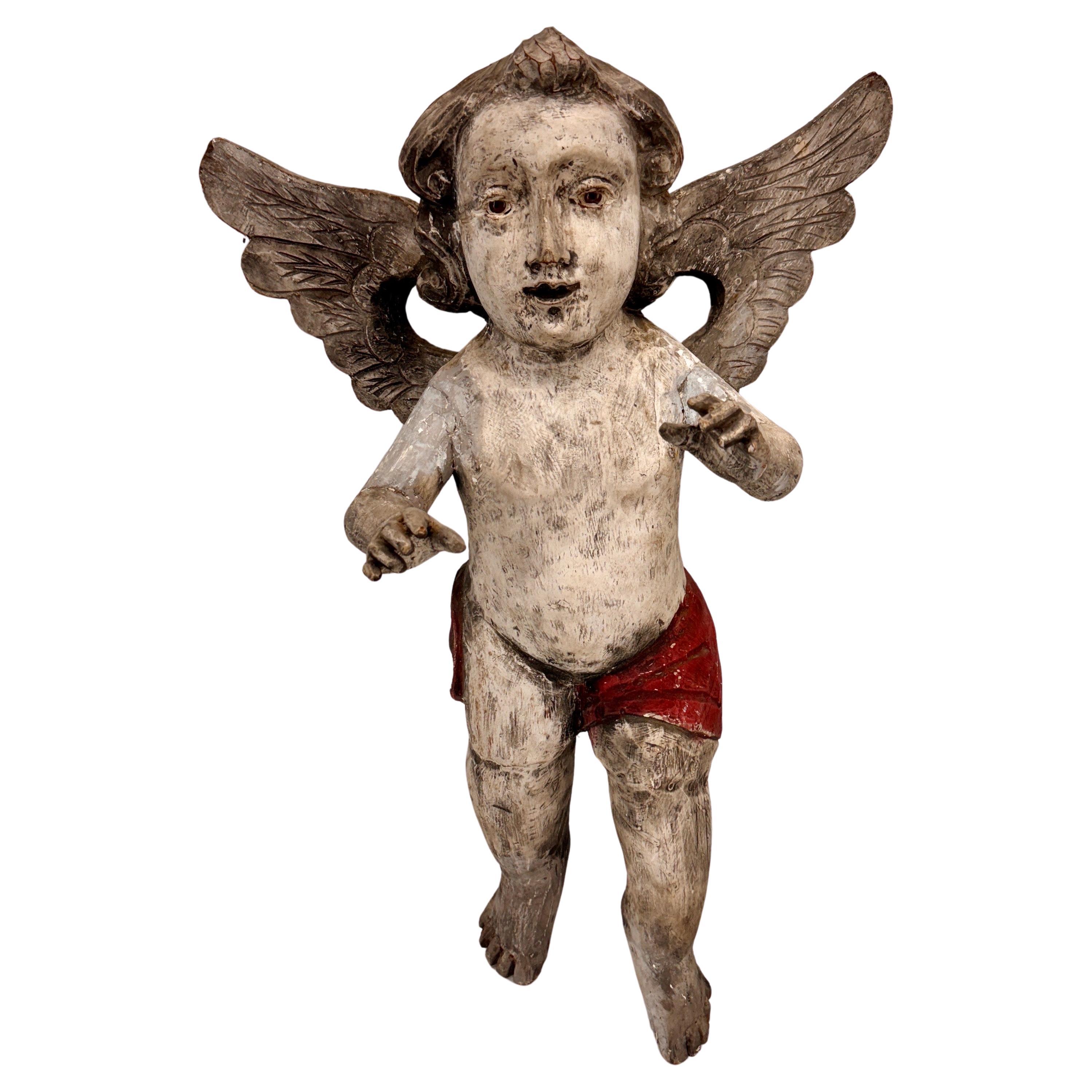 Antique Spanish Wooden Angel Putti Sculpture with Wings For Sale