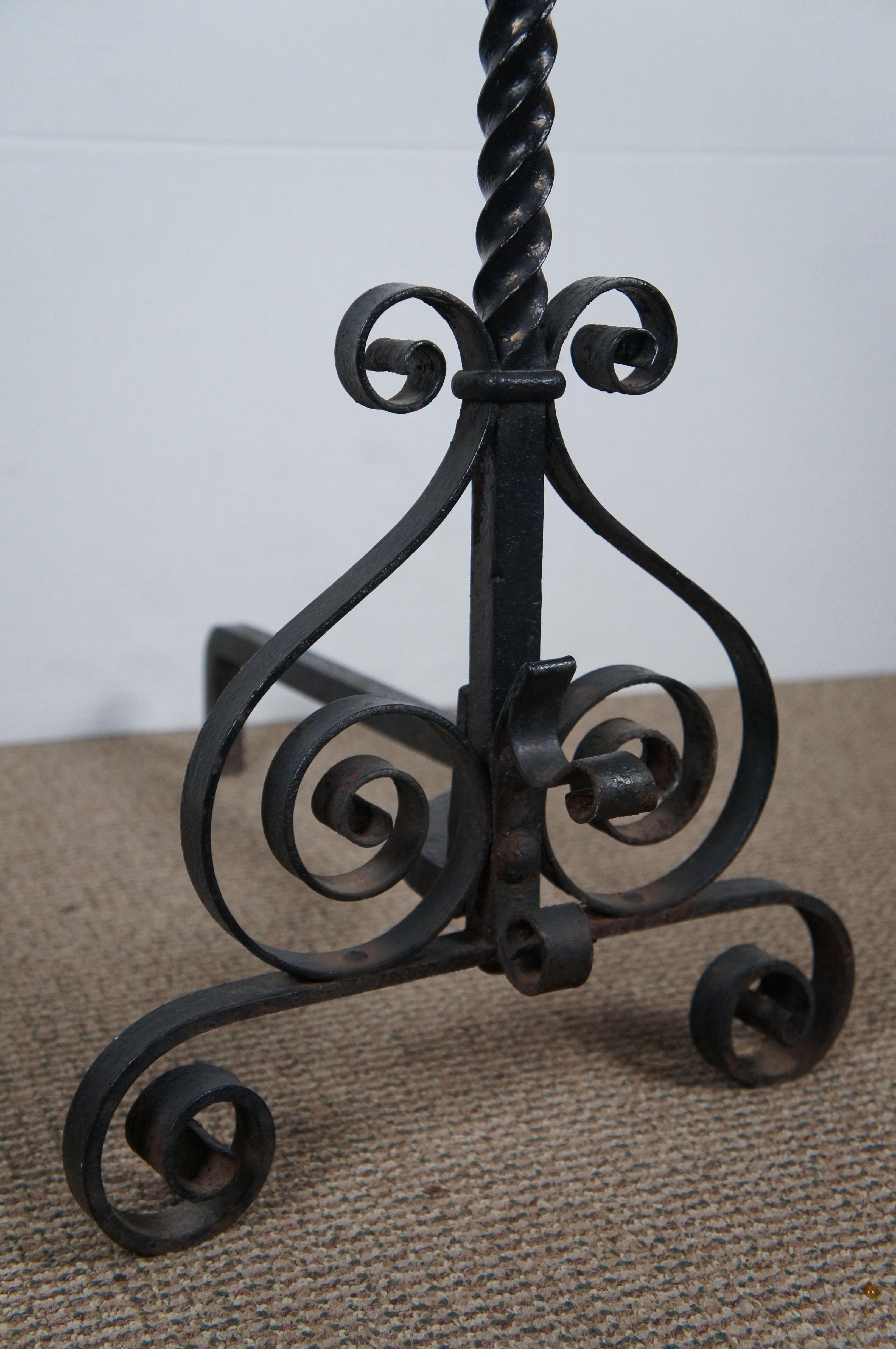 Antique Spanish Wrought Iron Scrolled Spiral Fireplace Andirons Firedogs 26