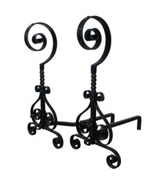 Antique Spanish Wrought Iron Scrolled Spiral Fireplace Andirons Firedogs 26"