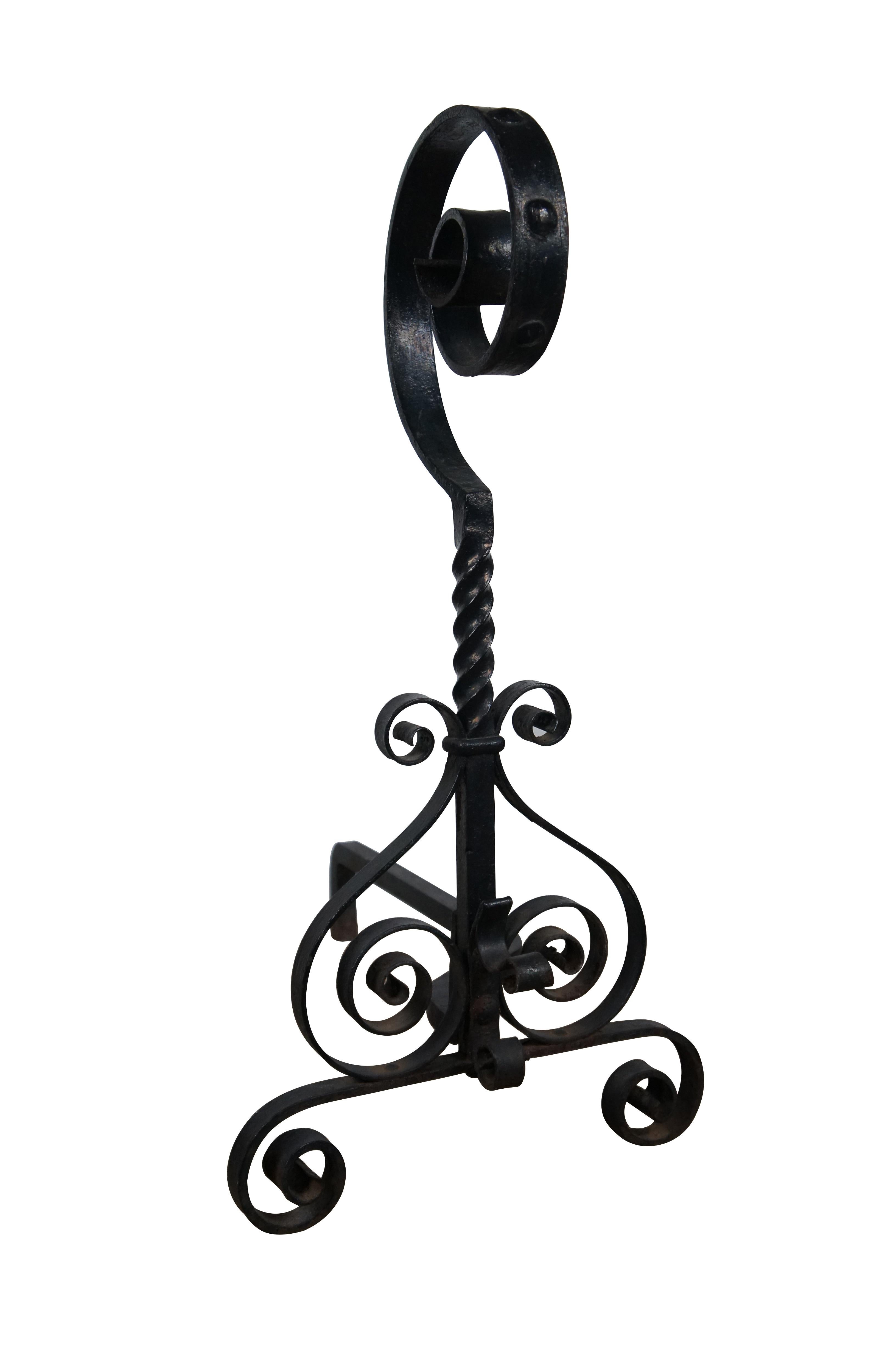Spanish Colonial Antique Spanish Wrought Iron Scrolled Spiral Fireplace Andirons Firedogs 26
