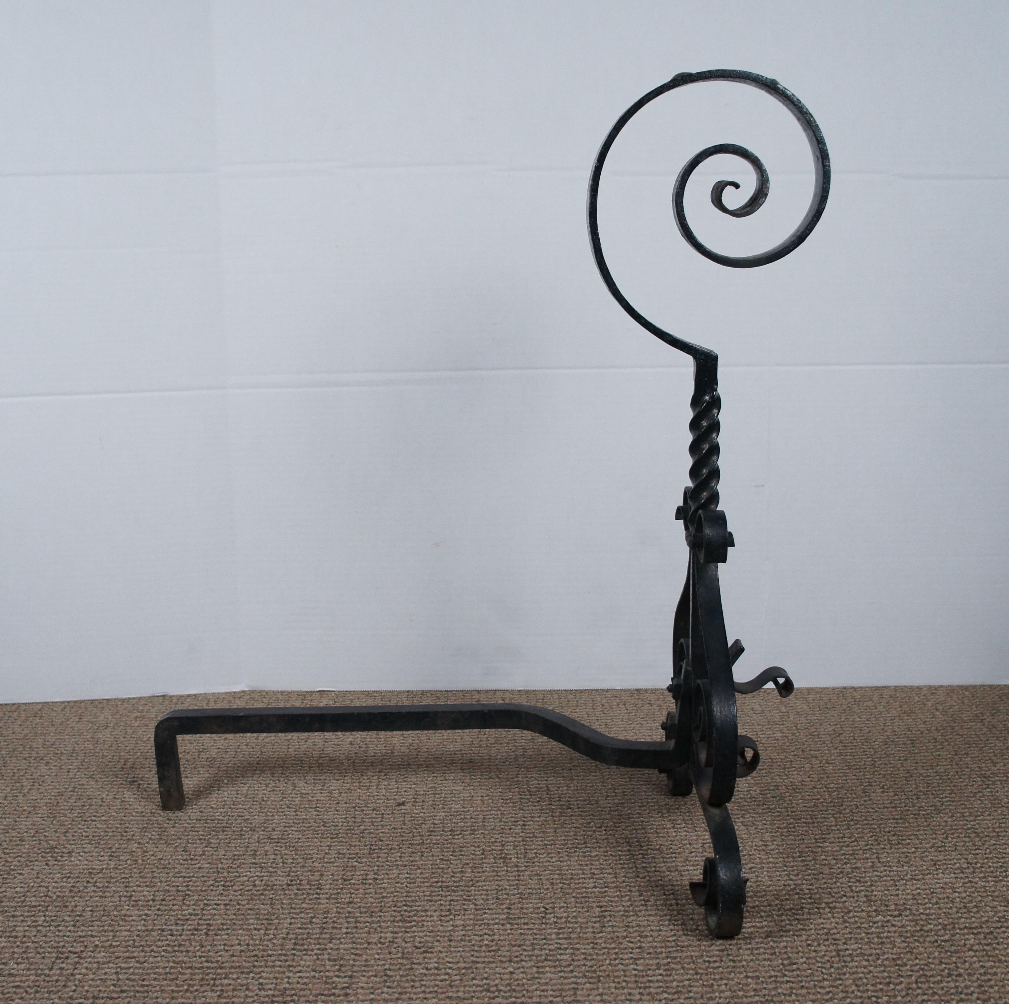 Antique Spanish Wrought Iron Scrolled Spiral Fireplace Andirons Firedogs 26