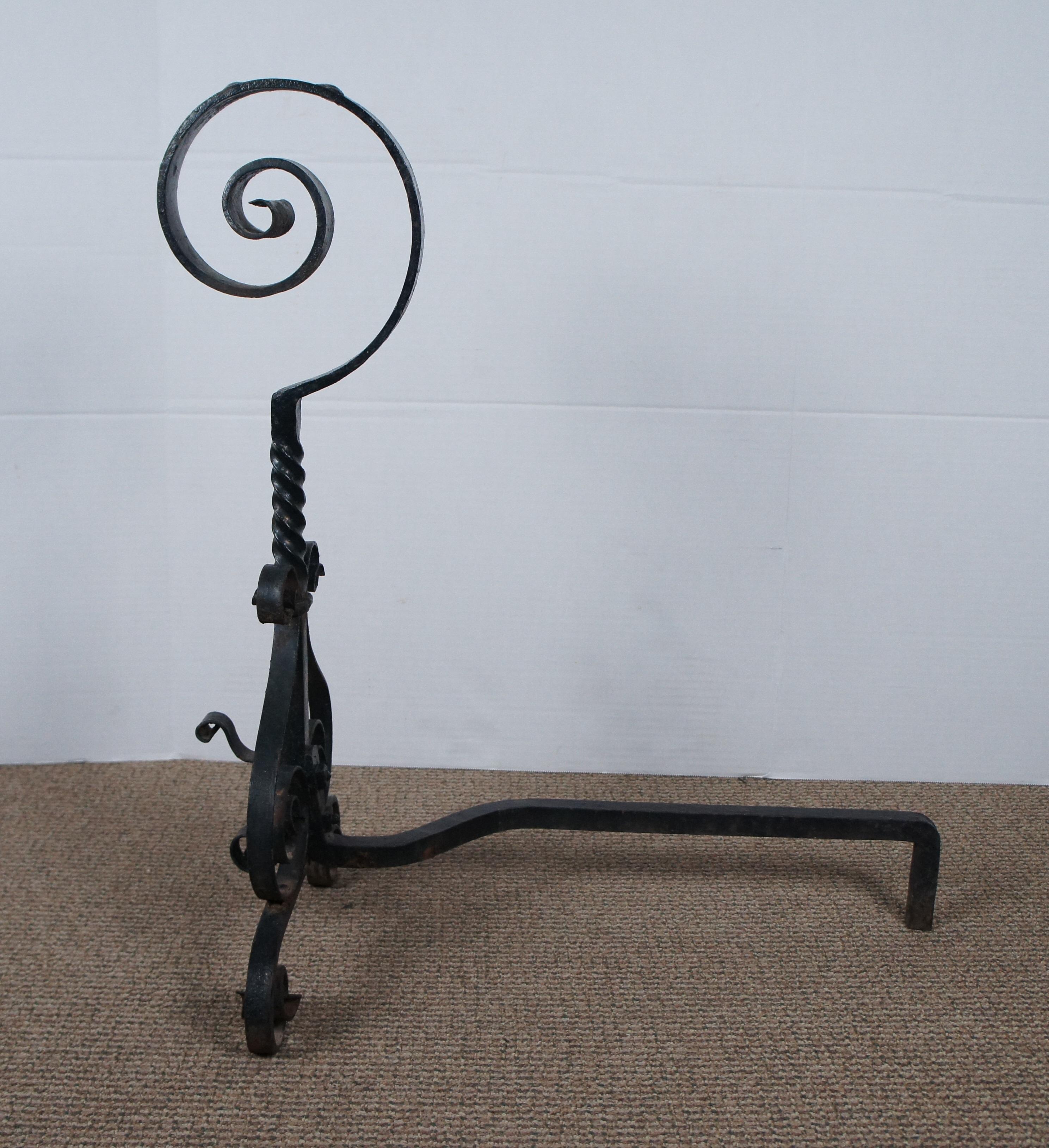 20th Century Antique Spanish Wrought Iron Scrolled Spiral Fireplace Andirons Firedogs 26