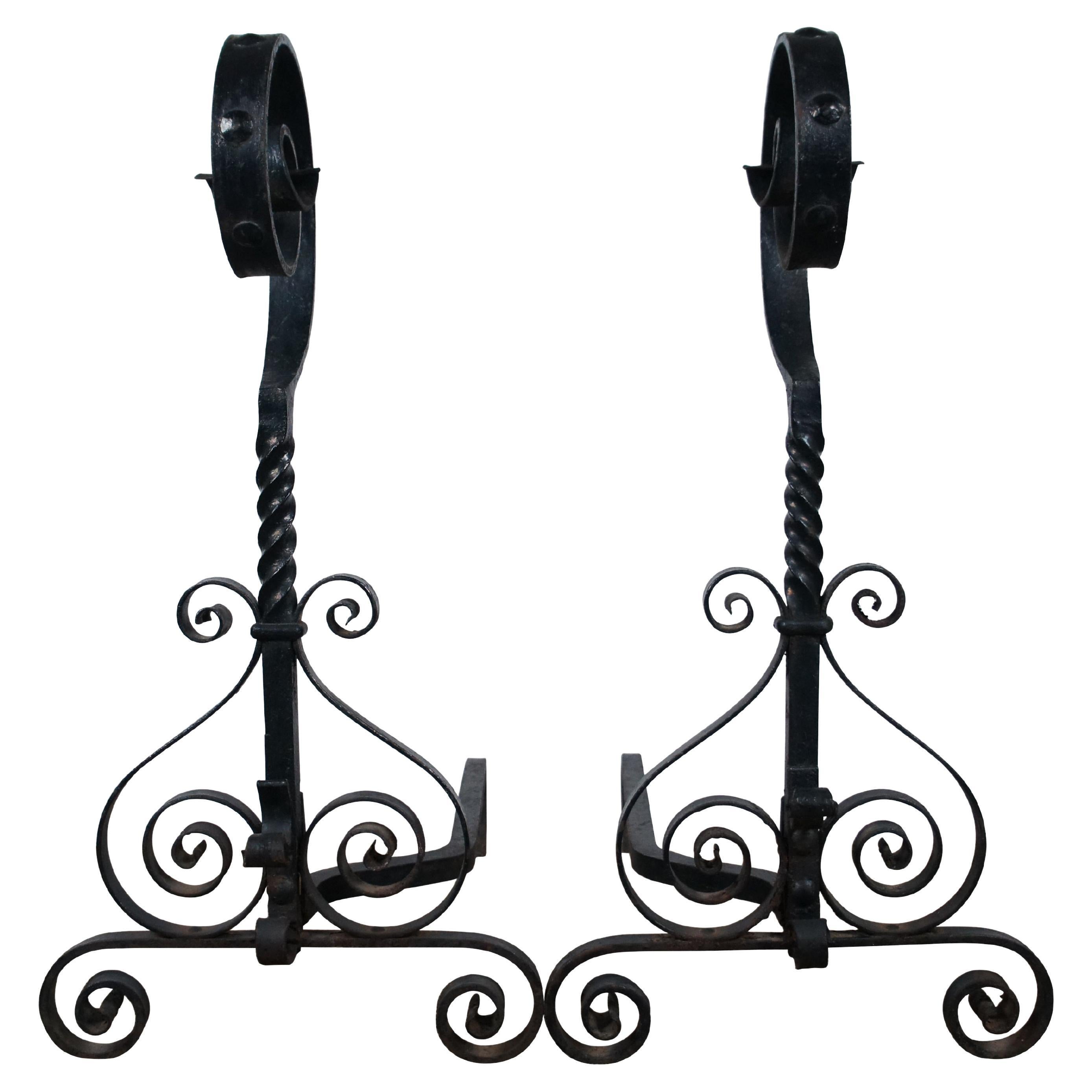 Antique Spanish Wrought Iron Scrolled Spiral Fireplace Andirons Firedogs 26" For Sale