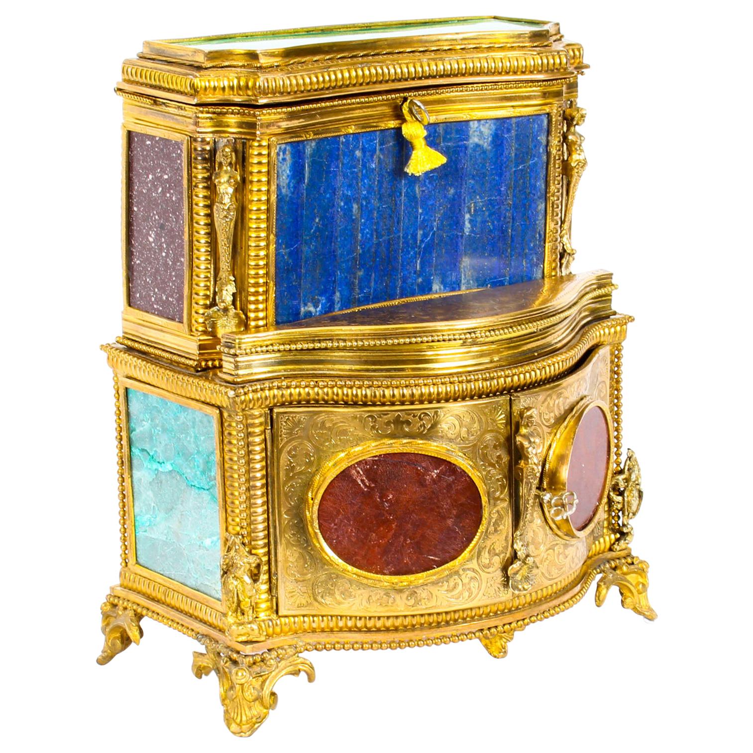 19th Century Specimen Precious Hard Stone and Ormolu Mounted Jewelry Cabinet