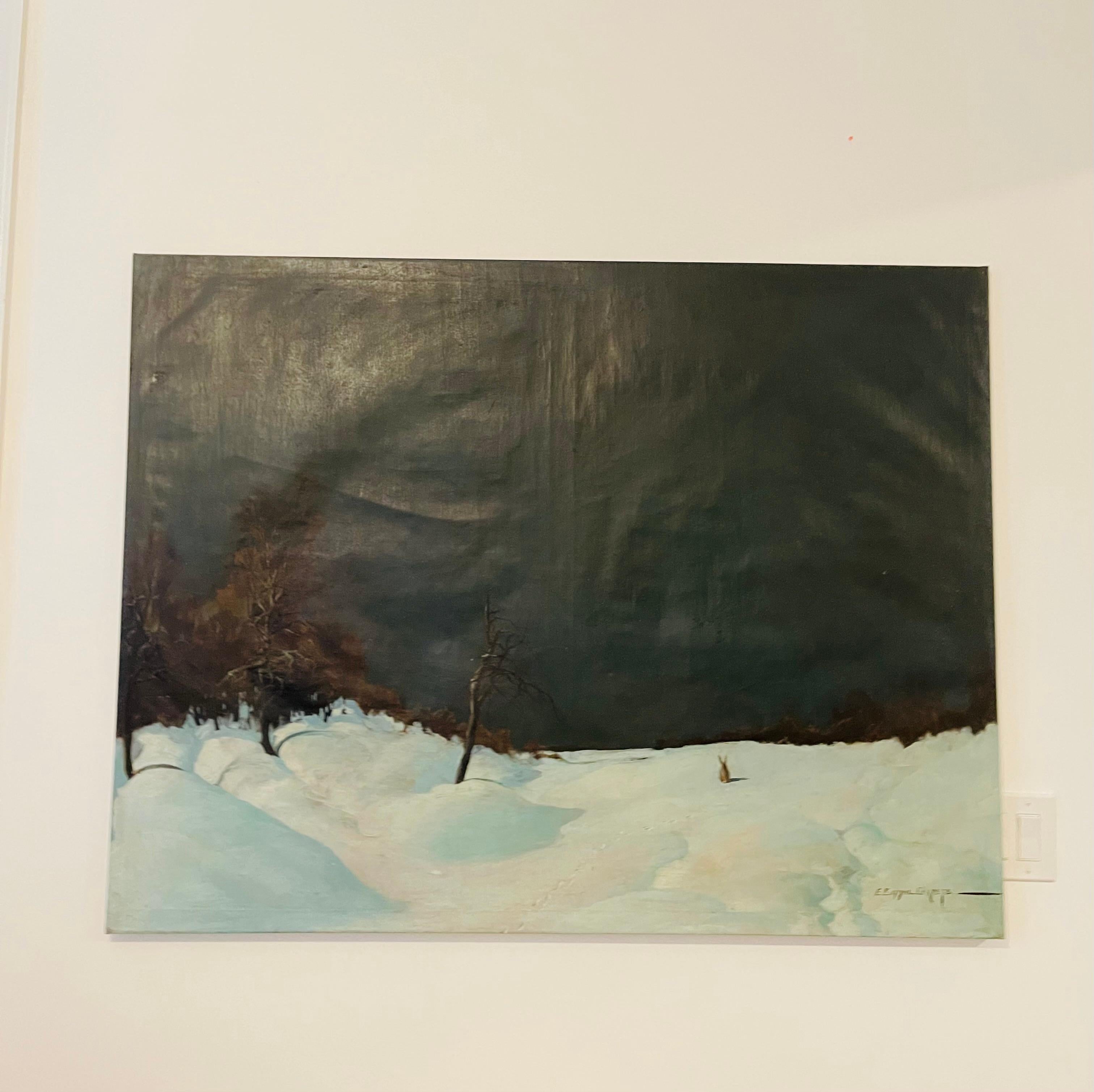 Spectacular melancholic antique winter scape with hare oil on canvas large painting. Signed in cirillyc lower right/ probably White Russian emegrant artist.