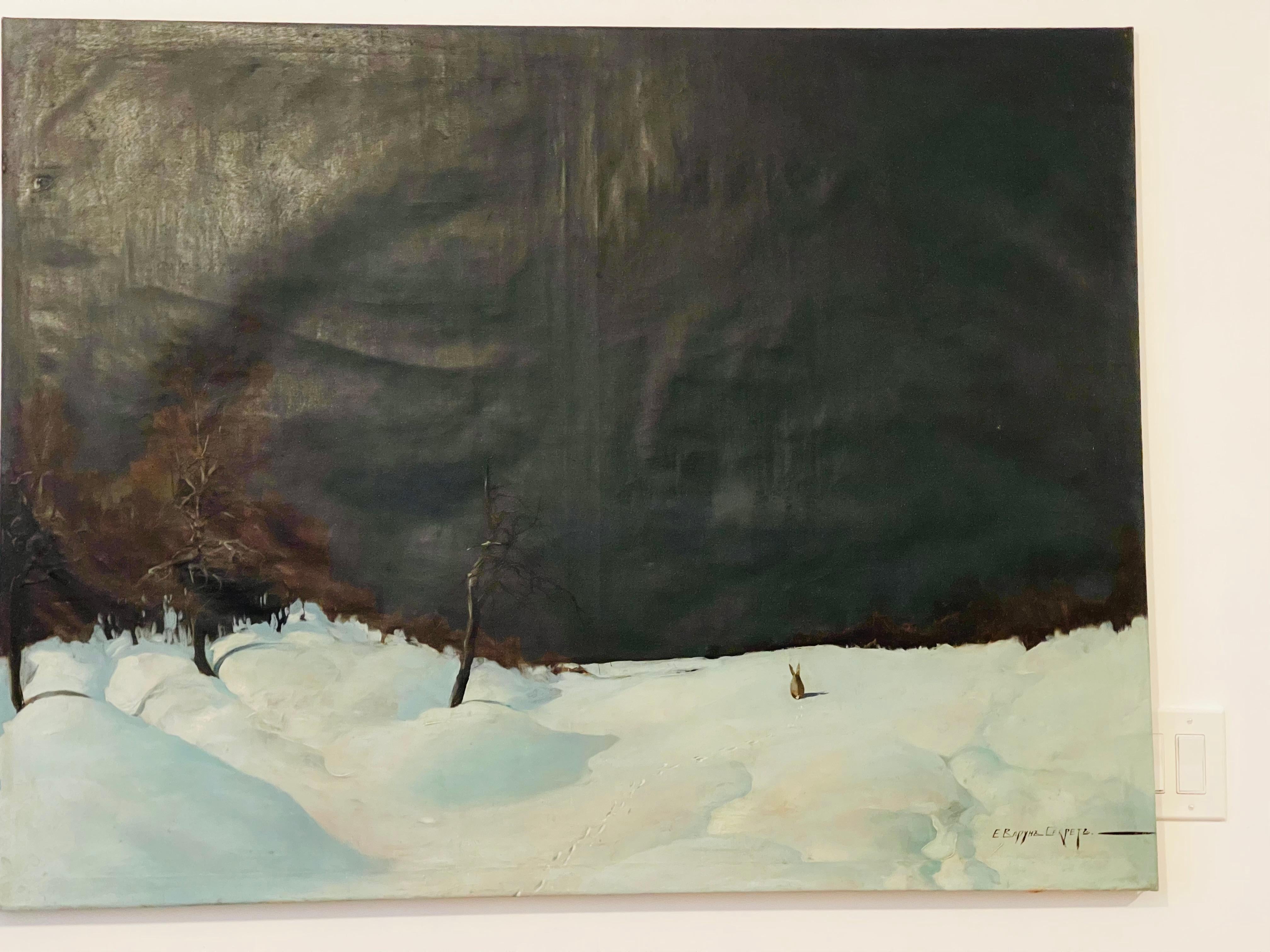 Neoclassical Antique Spectacular Winter Scape  with Hare Painting Russian For Sale