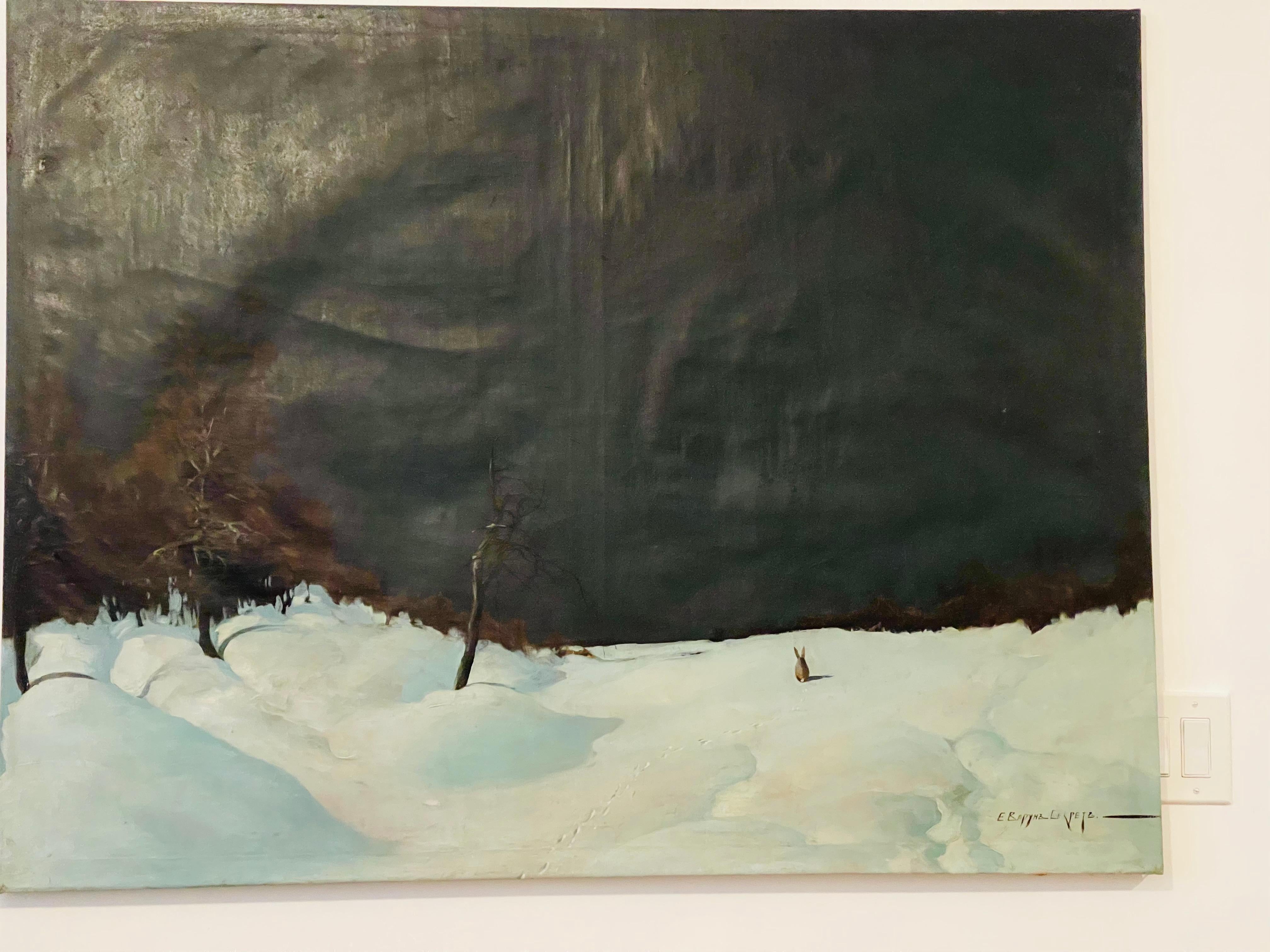 Balkan Antique Spectacular Winter Scape  with Hare Painting Russian For Sale