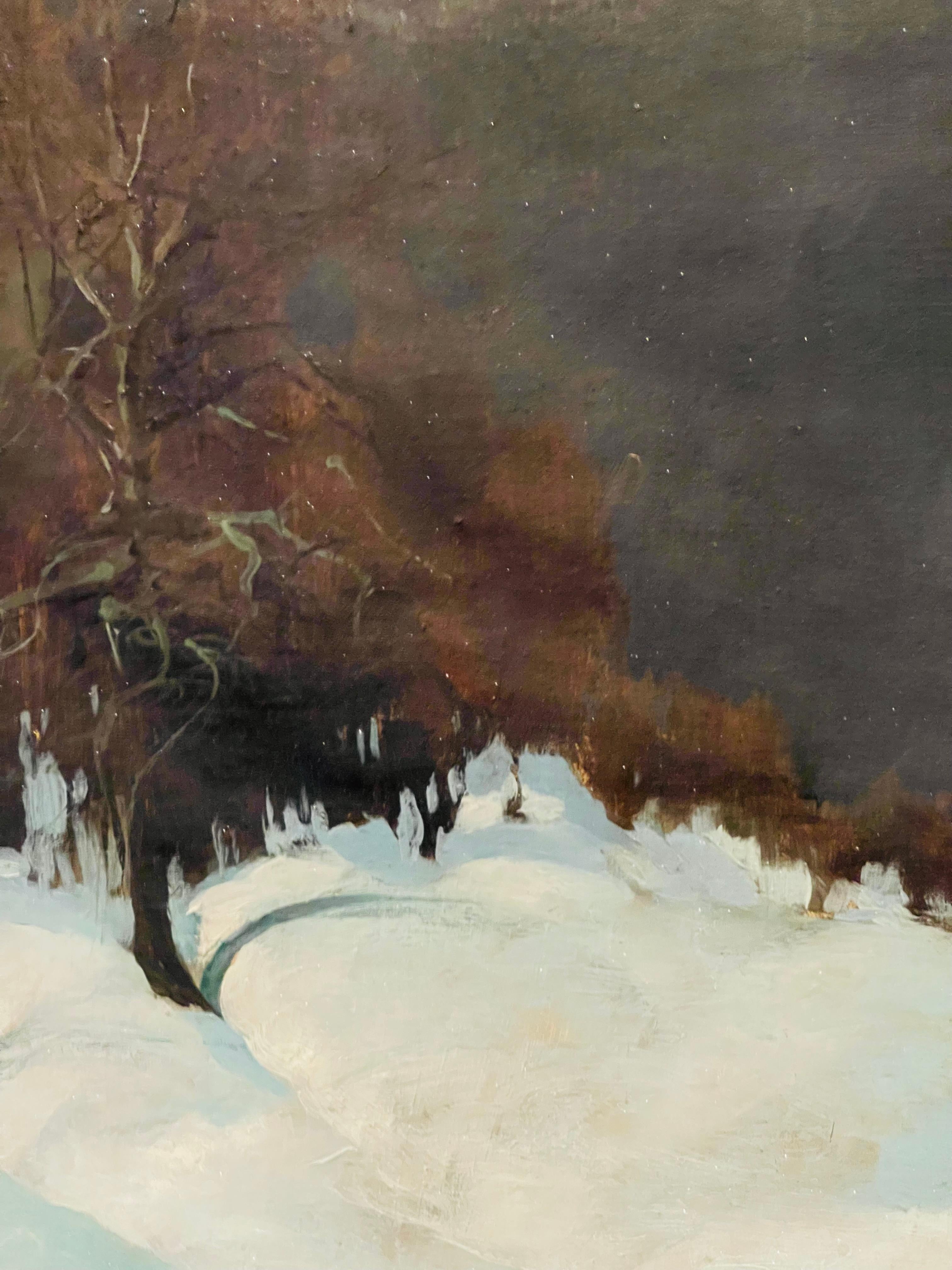 Early 20th Century Antique Spectacular Winter Scape  with Hare Painting Russian For Sale