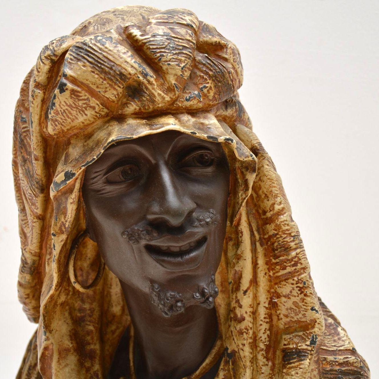 Large antique painted spelter bust of a Moorish man, nicely aged and in good original condition. I believe this piece dates to around the 1890-1910 period and I think it’s possibly French. The details are really sharp and the men’s face shows great