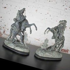 Antique Spelter Marly Rearing Horses & Grooms Sculptures after Guillaume Coustou