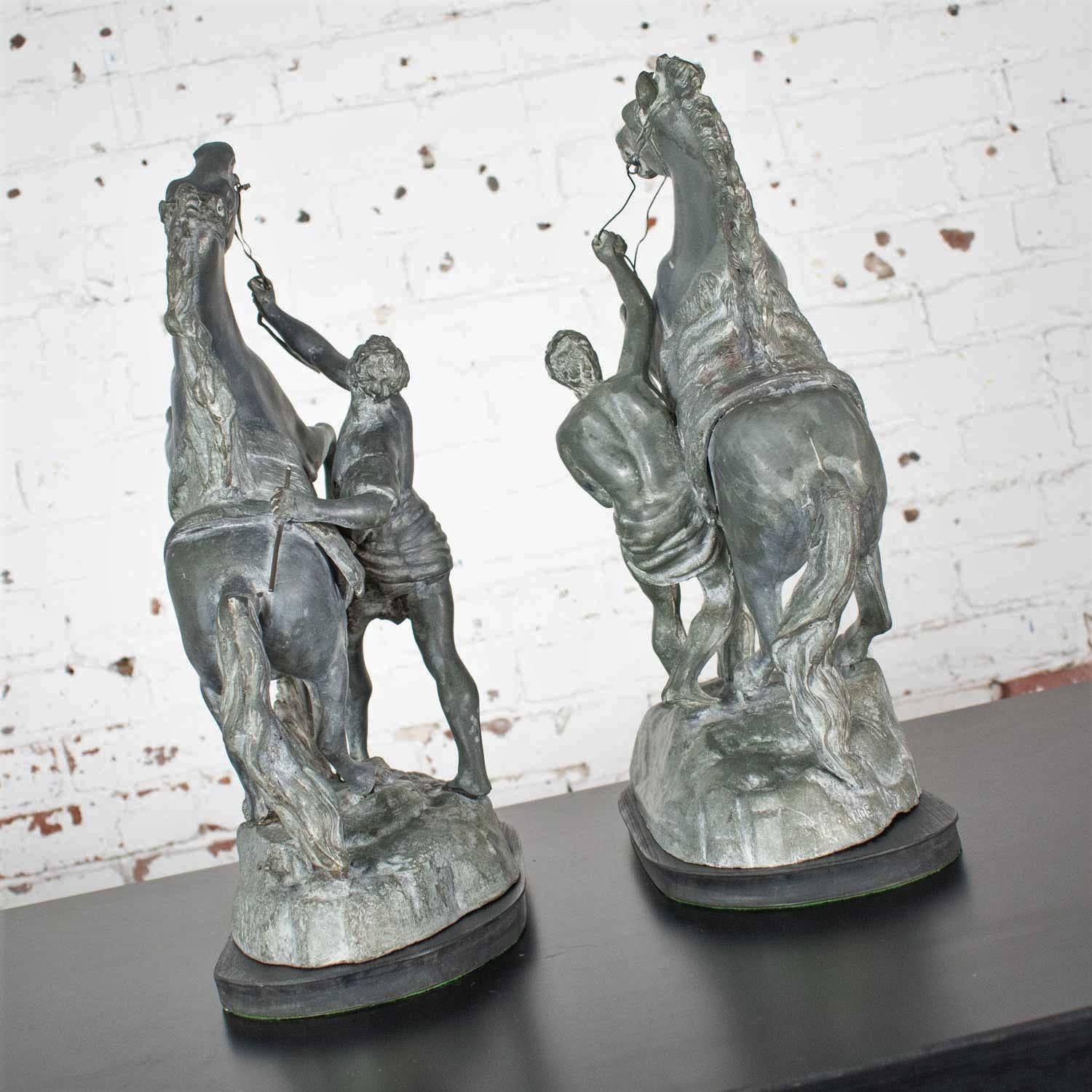 Victorian Antique Spelter Marly Rearing Horses & Grooms Sculptures after Guillaume Coustou For Sale