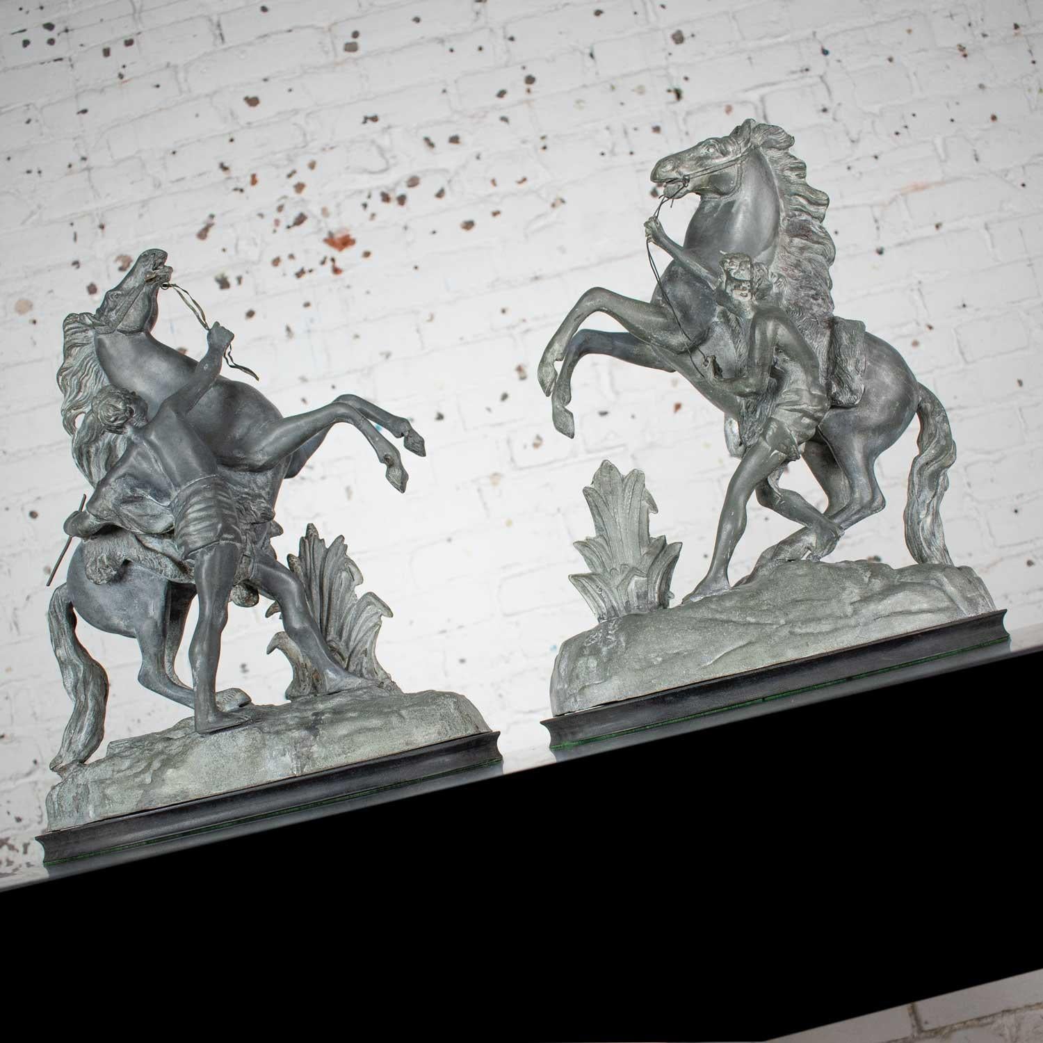 Unknown Antique Spelter Marly Rearing Horses & Grooms Sculptures after Guillaume Coustou For Sale
