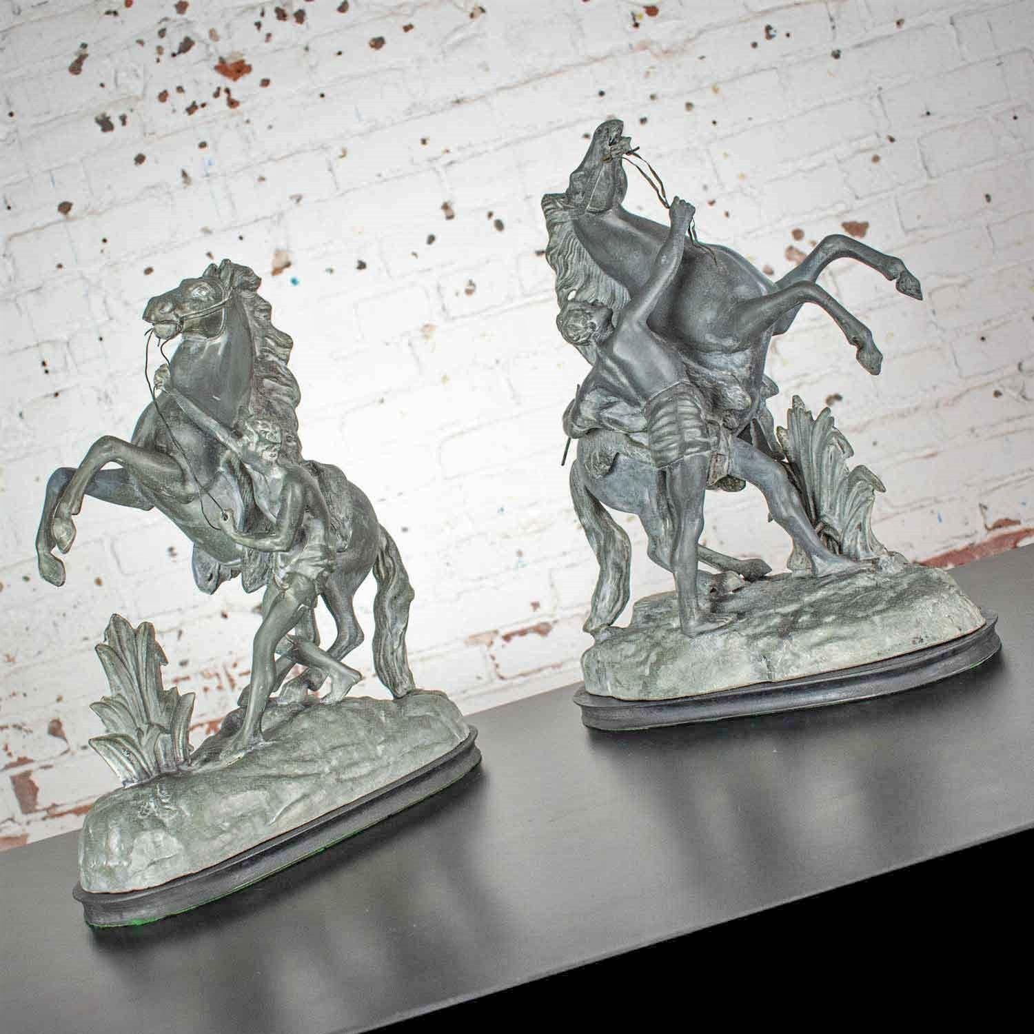 19th Century Antique Spelter Marly Rearing Horses & Grooms Sculptures after Guillaume Coustou For Sale