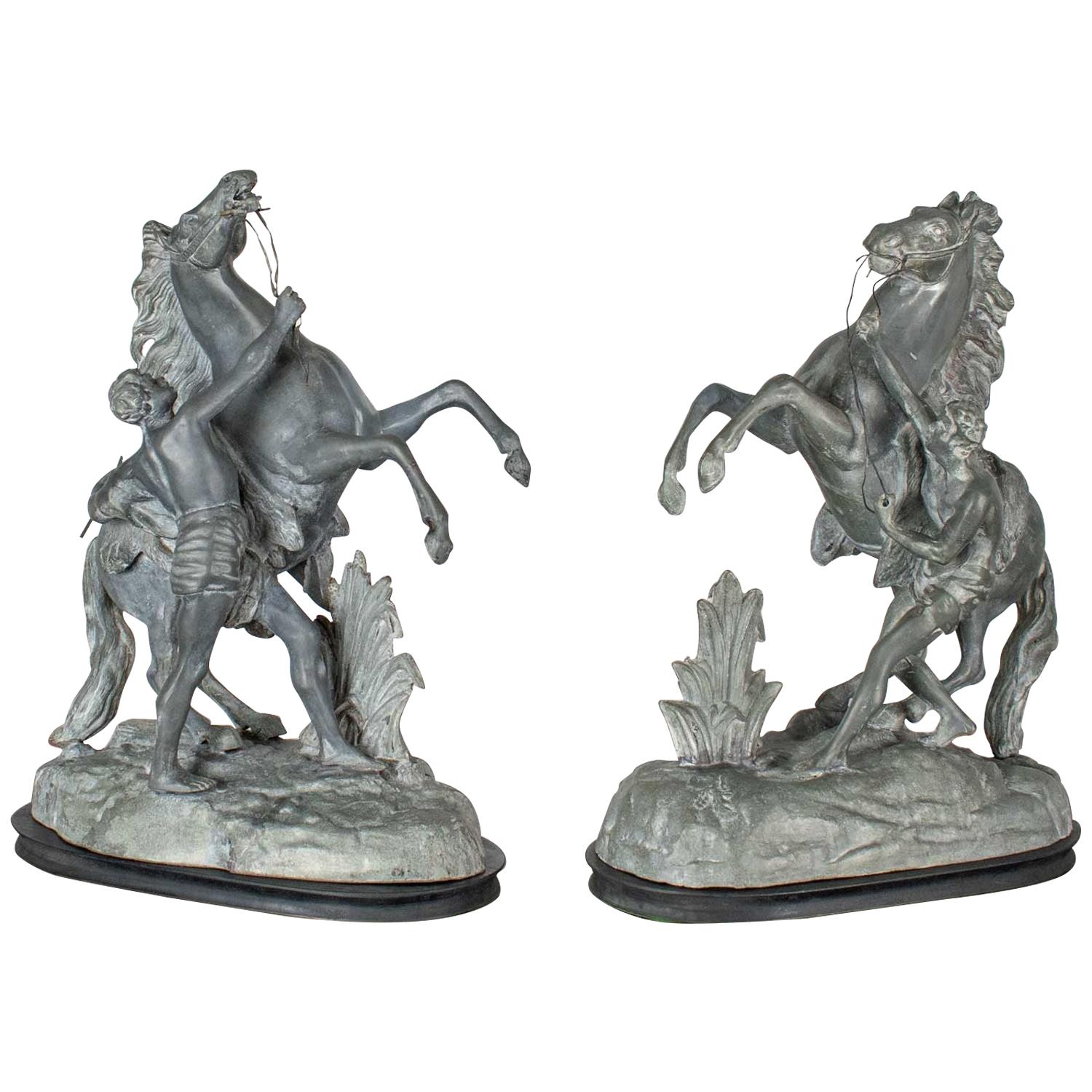 Antique Spelter Marly Rearing Horses & Grooms Sculptures after Guillaume Coustou