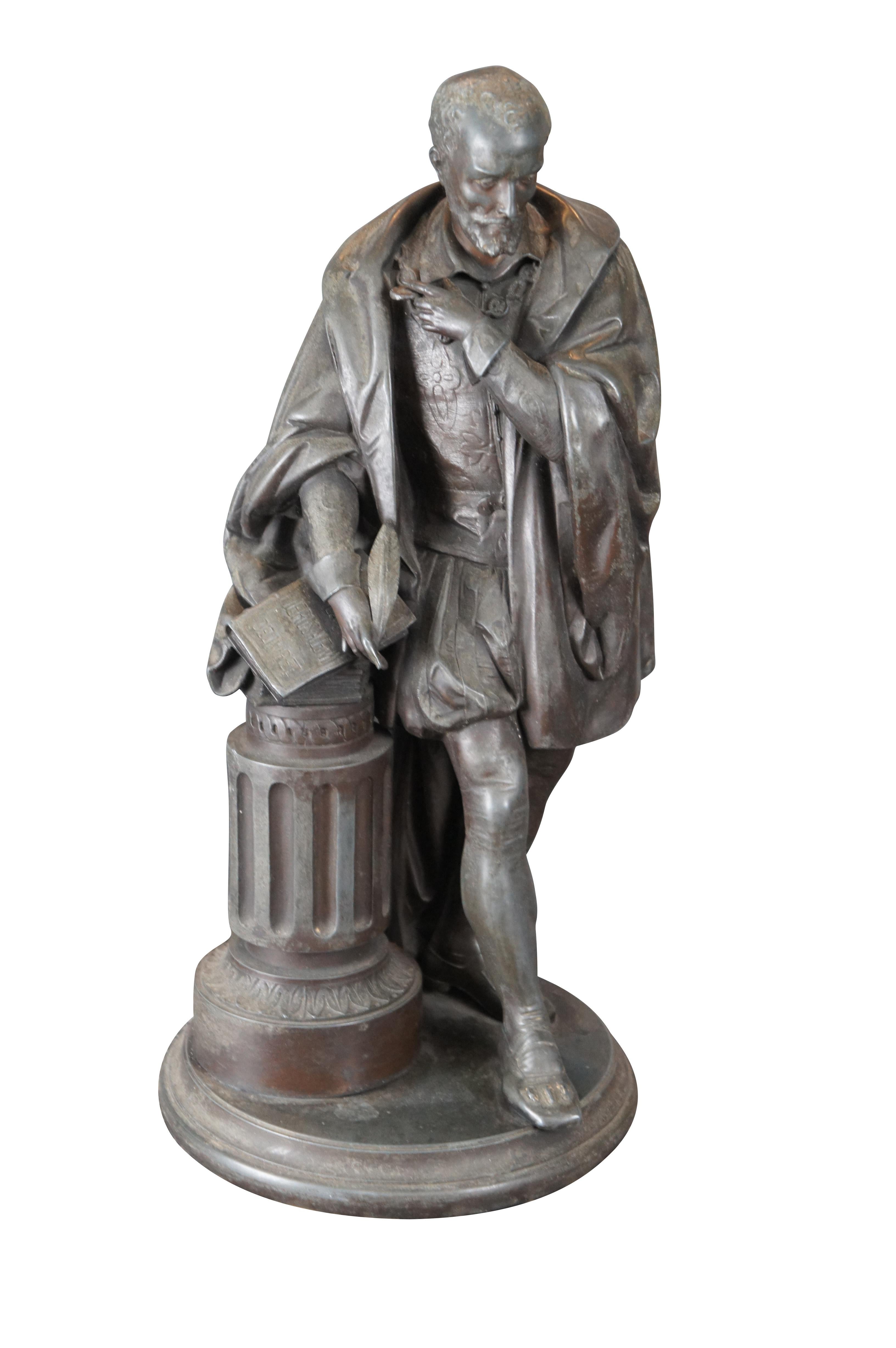 An antique sculpture portraying William Shakespeare leaning over a Grecian style column with books and a quill in hand. One of the books is marked La Jérusalem délivrée is a 1712 French opera in a prologue and five acts by Duke Philippe II, Duke of