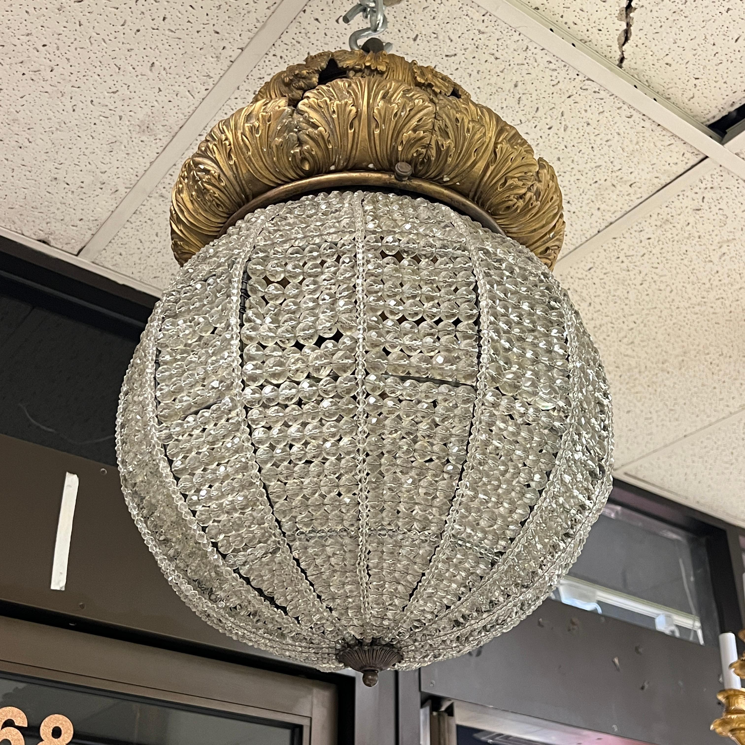 Antique Spherical Beaded Crystal and Gilt Bronze Chandelier In Good Condition For Sale In New York, NY
