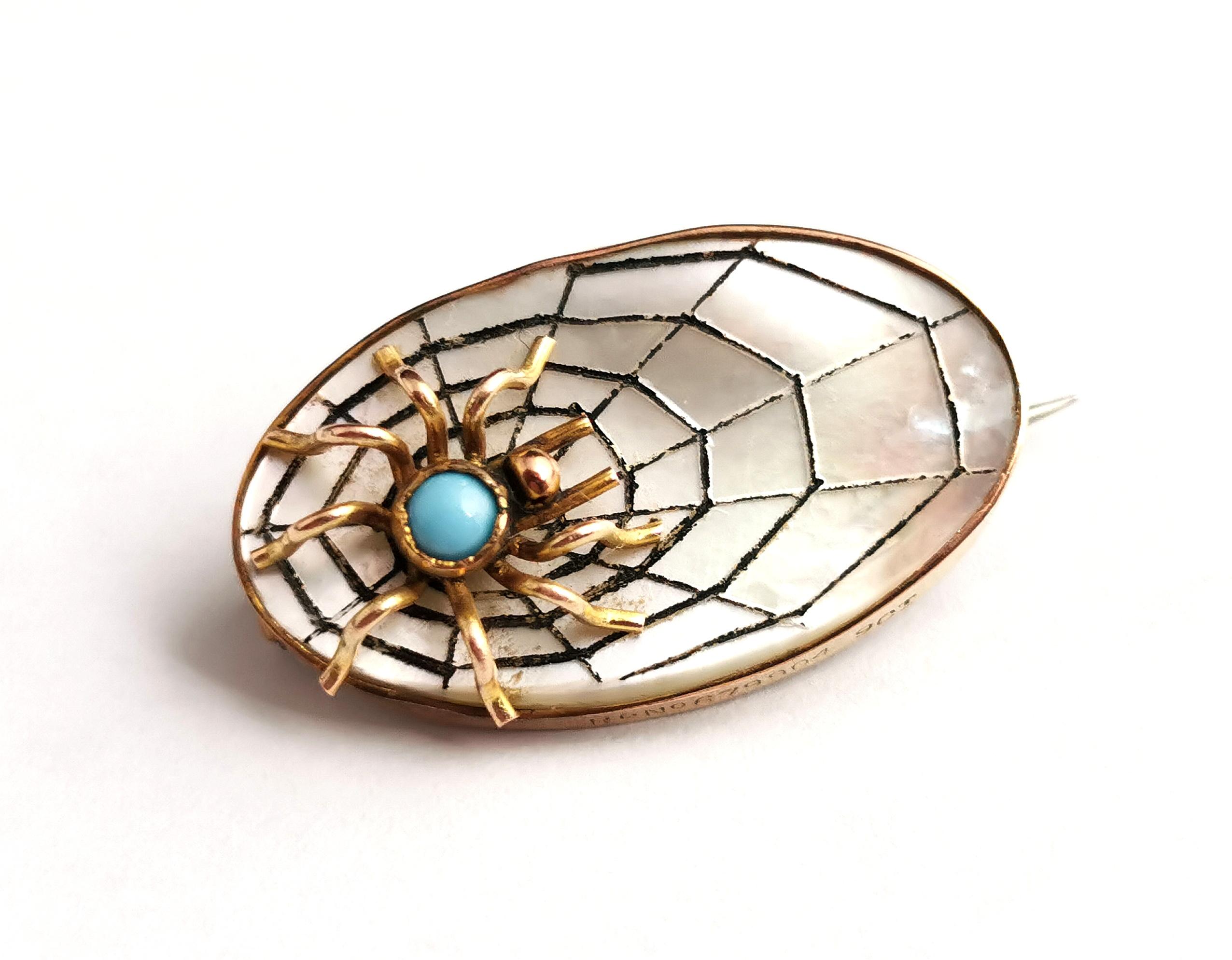 Antique Spider and Web Brooch, 9k Gold, Mother of Pearl 7